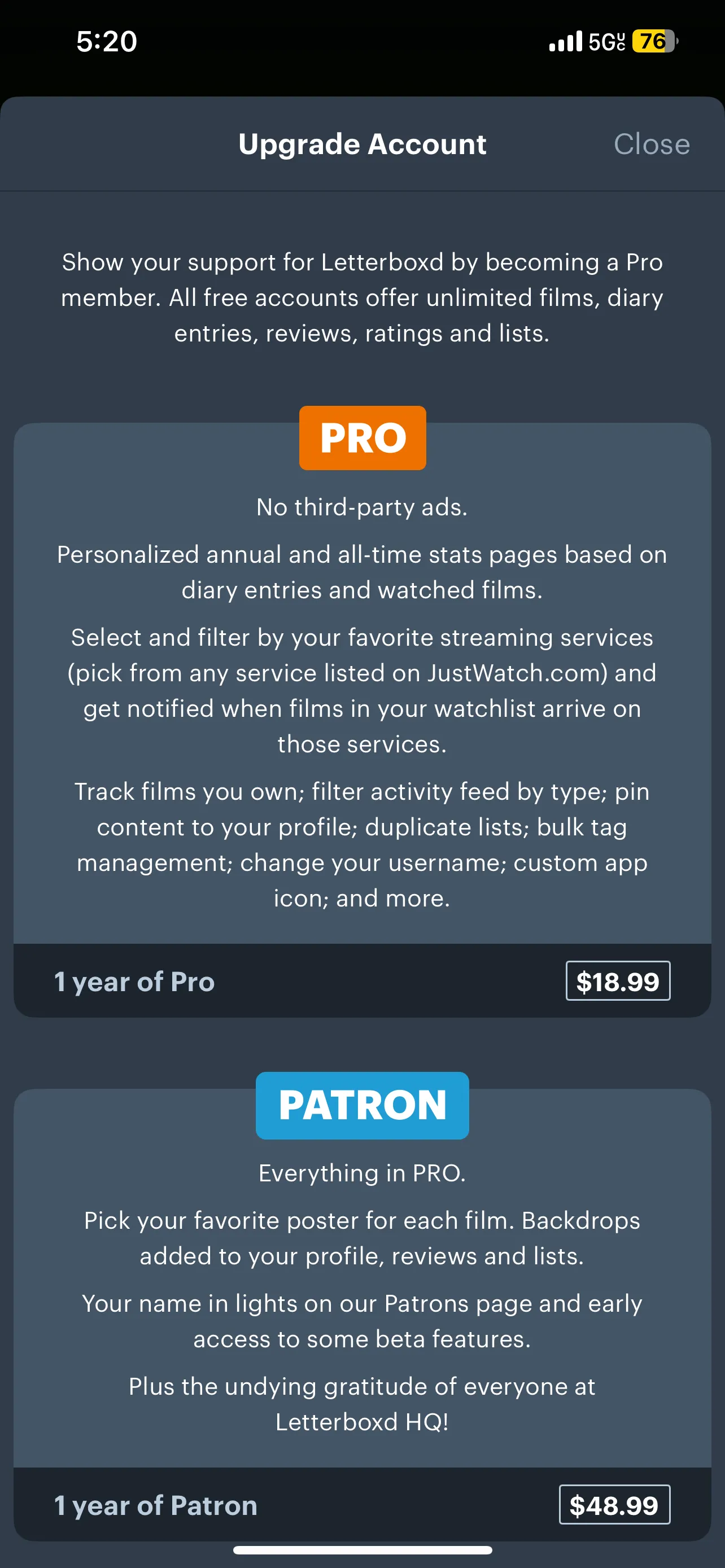 Các gói đăng ký Letterboxd Pro và Patron với các tính năng cao cấp