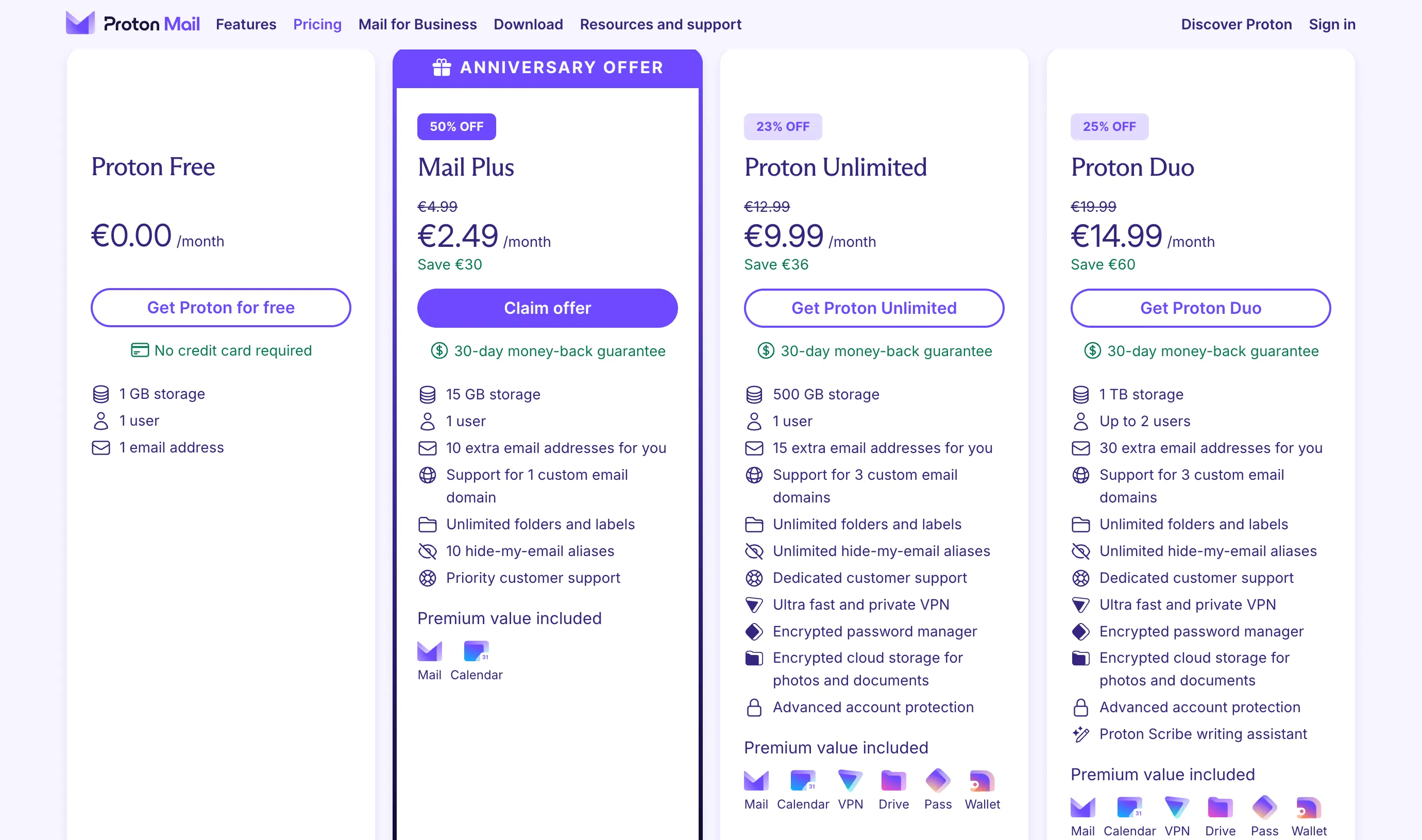 Các gói dịch vụ của ProtonMail kèm theo nhiều tiện ích, bao gồm Proton VPN