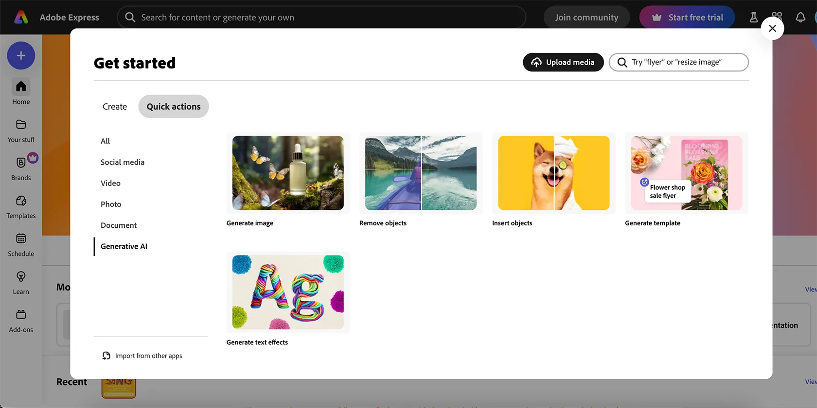 Các hành động nhanh của AI trong Adobe Express, bao gồm tính năng tạo ảnh và xóa vật thể bằng AI Firefly.