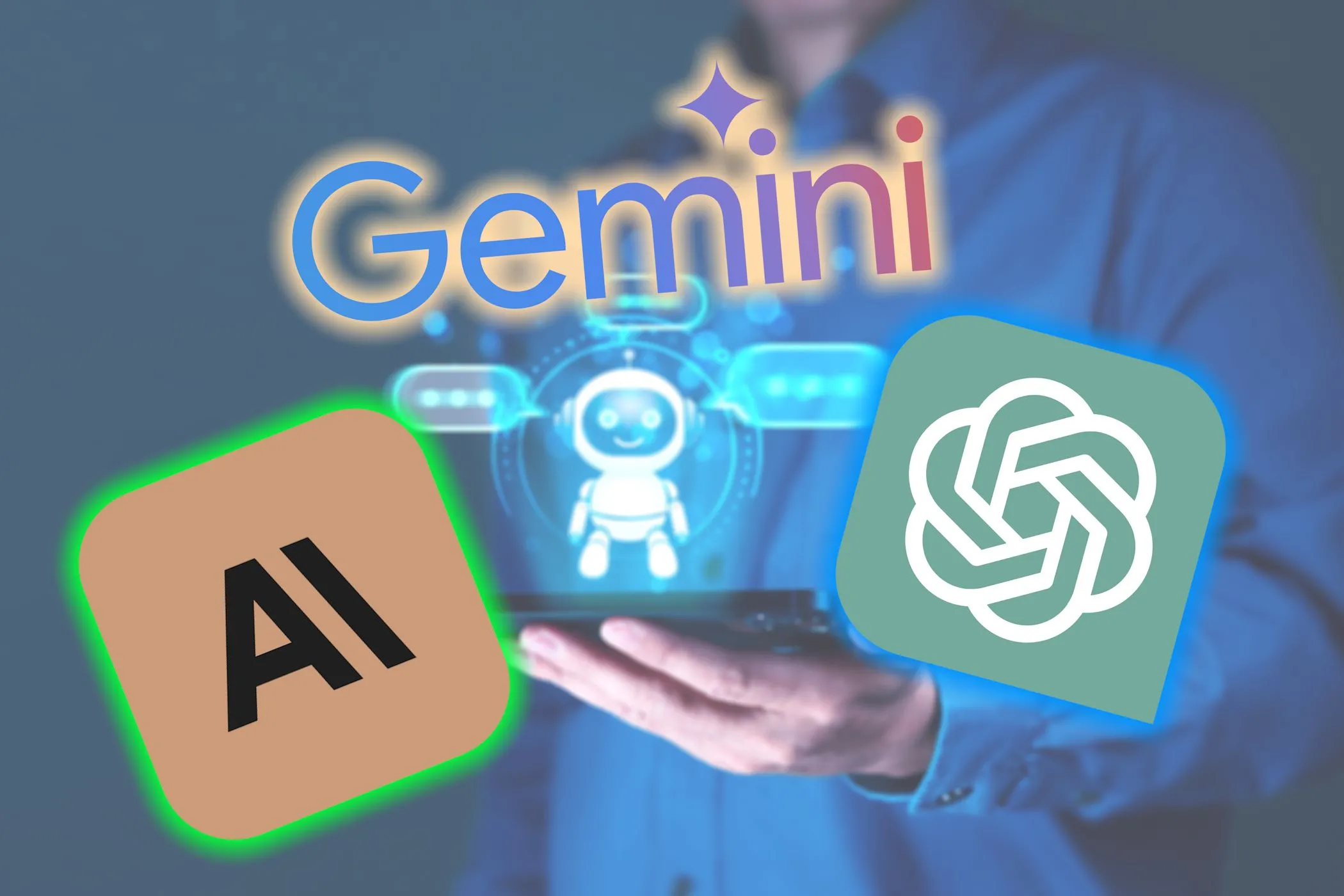 Các logo quen thuộc của Gemini, ChatGPT, Claude cùng hình minh họa chatbot AI, tượng trưng cho sự phổ biến của các công cụ trí tuệ nhân tạo.