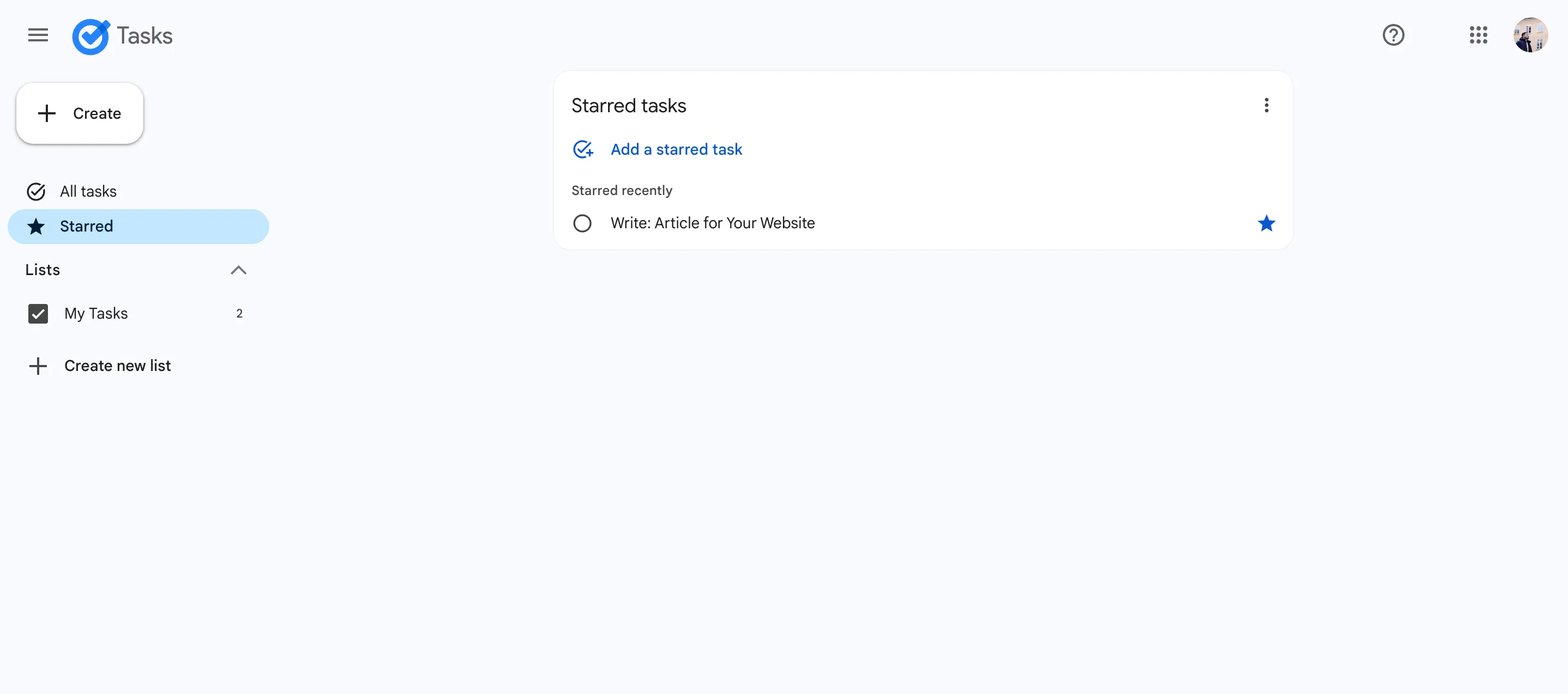 Các nhiệm vụ được đánh dấu sao (Starred) trong ứng dụng Google Tasks, nổi bật các công việc ưu tiên.