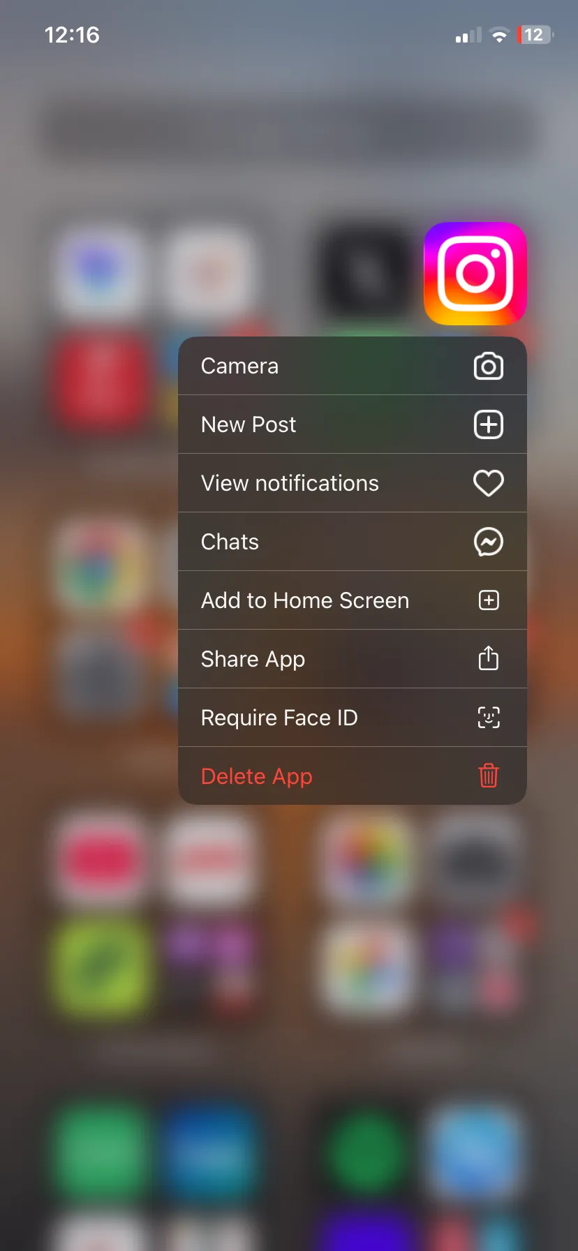 Các tác vụ nhanh của ứng dụng Instagram trên menu ngữ cảnh iPhone