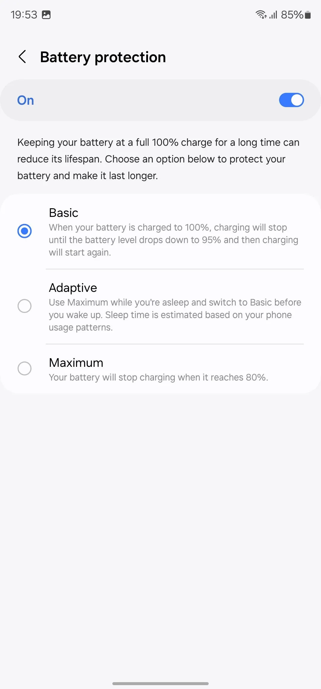 Các tùy chọn bảo vệ pin trên điện thoại Samsung Galaxy
