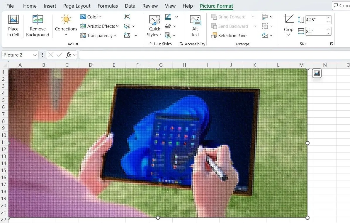 Các tùy chọn chỉnh sửa ảnh nâng cao trong tab Định dạng Ảnh của Excel, bao gồm hiệu ứng bóng đổ và phản chiếu