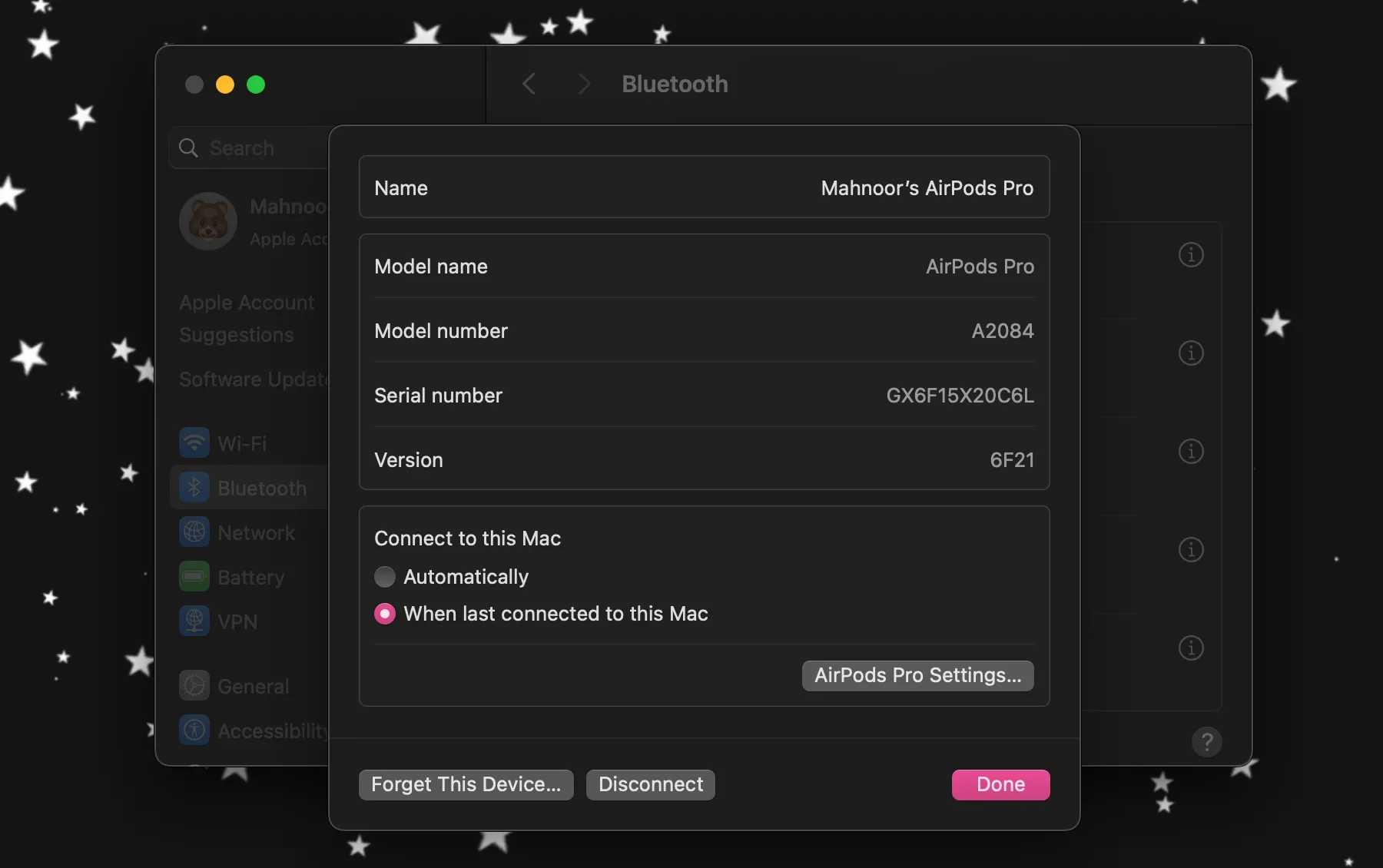 Cài đặt Bluetooth cho AirPods trong Hệ thống macOS, nơi người dùng có thể tìm thấy số kiểu máy của tai nghe.
