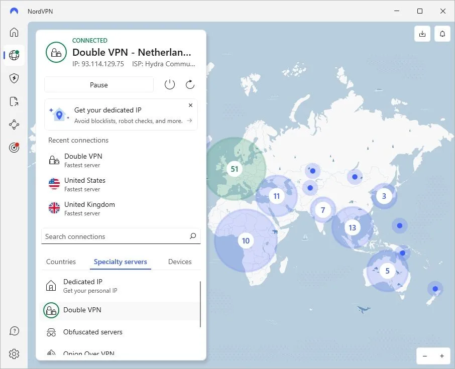 Cài đặt Double VPN trong ứng dụng NordVPN cho phép tăng cường bảo mật.