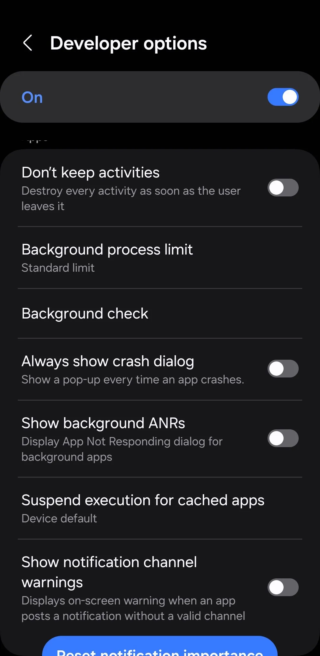 Cài đặt Giới hạn tiến trình nền (Background Processes Limit) trong Tùy chọn nhà phát triển Android