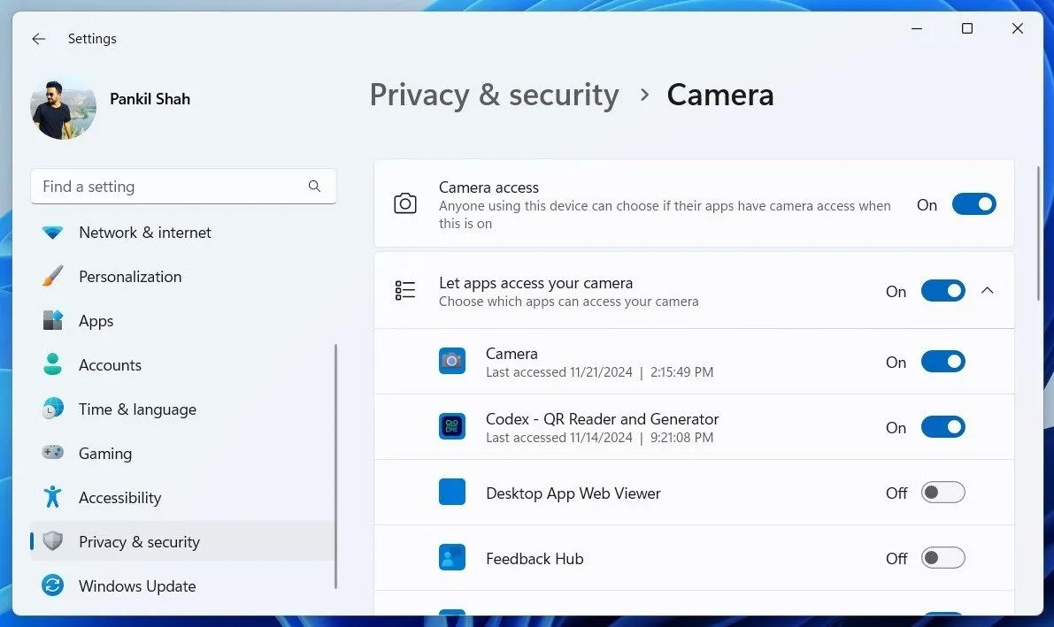 Cài đặt quyền truy cập camera cho ứng dụng trong menu Settings của Windows 11 giúp kiểm soát quyền riêng tư