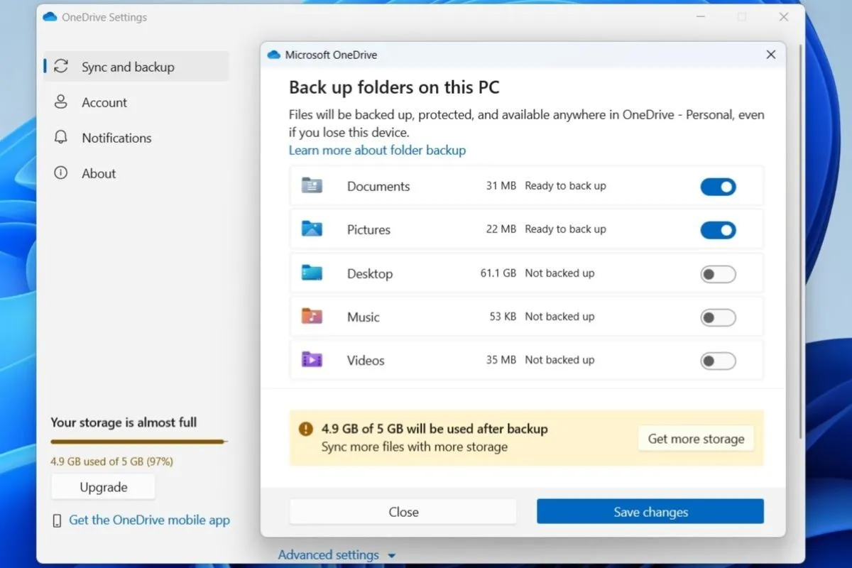 Cài đặt sao lưu OneDrive trên Windows, cho phép người dùng cấu hình các thư mục cần sao lưu lên đám mây.