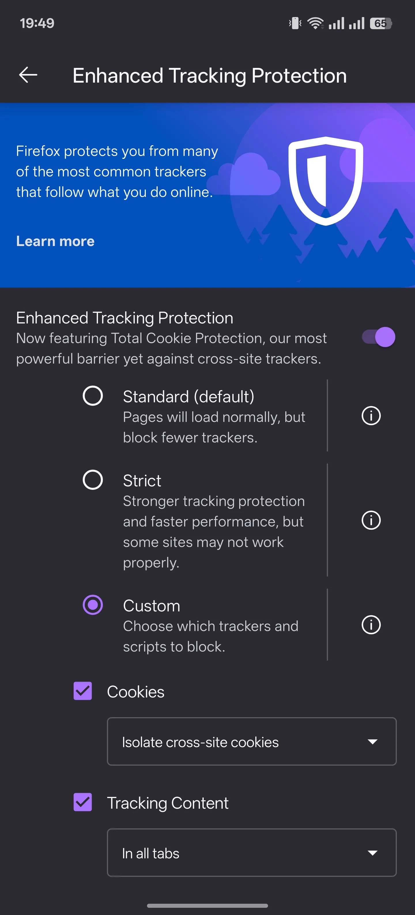 Cài đặt tính năng bảo vệ theo dõi nâng cao trong Firefox cho Android