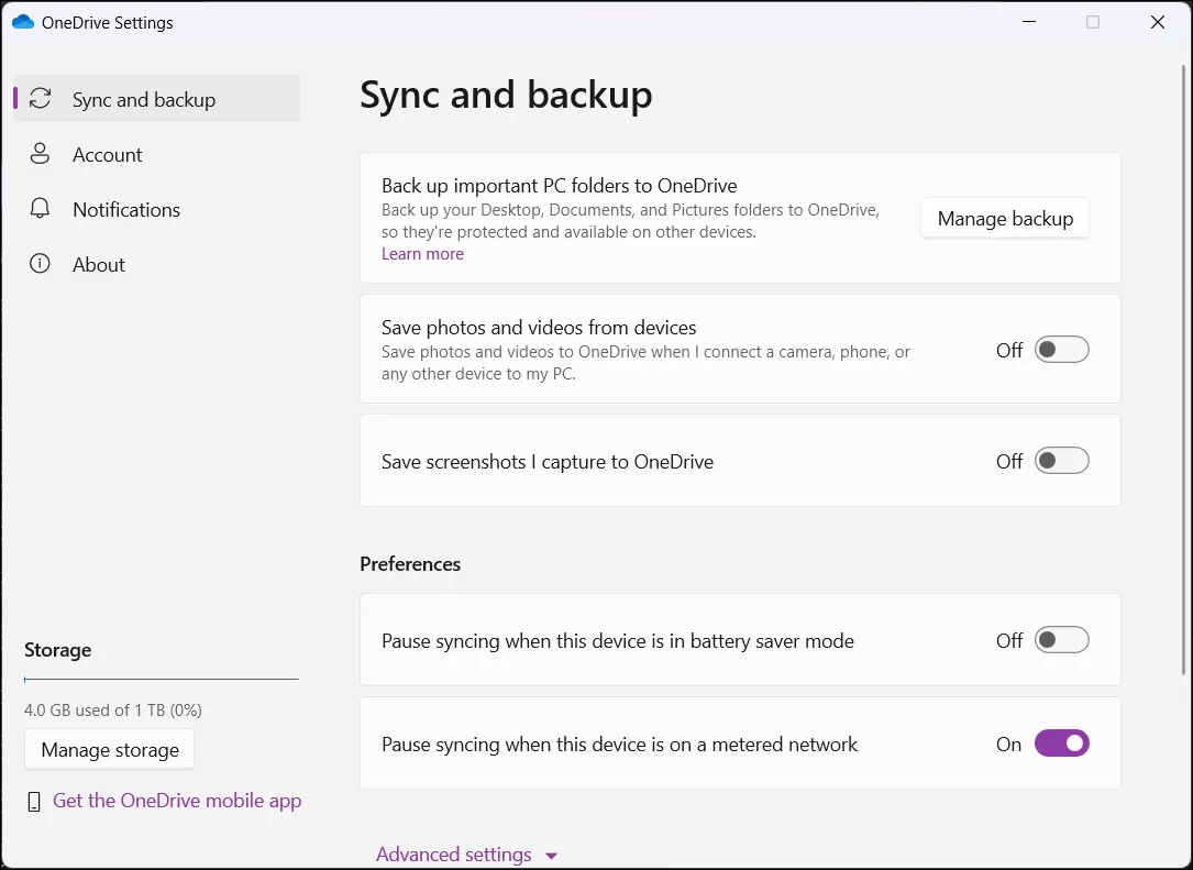 Cài đặt ứng dụng OneDrive trên Windows 11 cho phép quản lý các tùy chọn đồng bộ hóa và sao lưu dữ liệu.