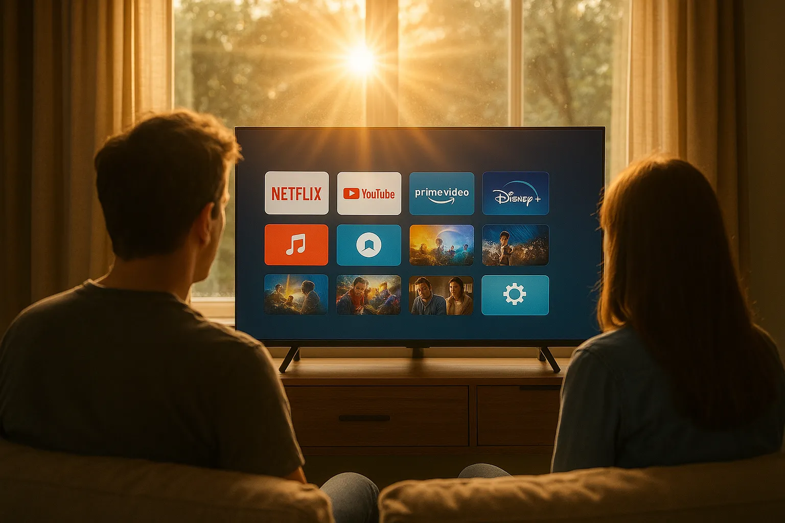 Cặp đôi đang xem TV thông minh bị ánh nắng chói chang từ cửa sổ phía sau