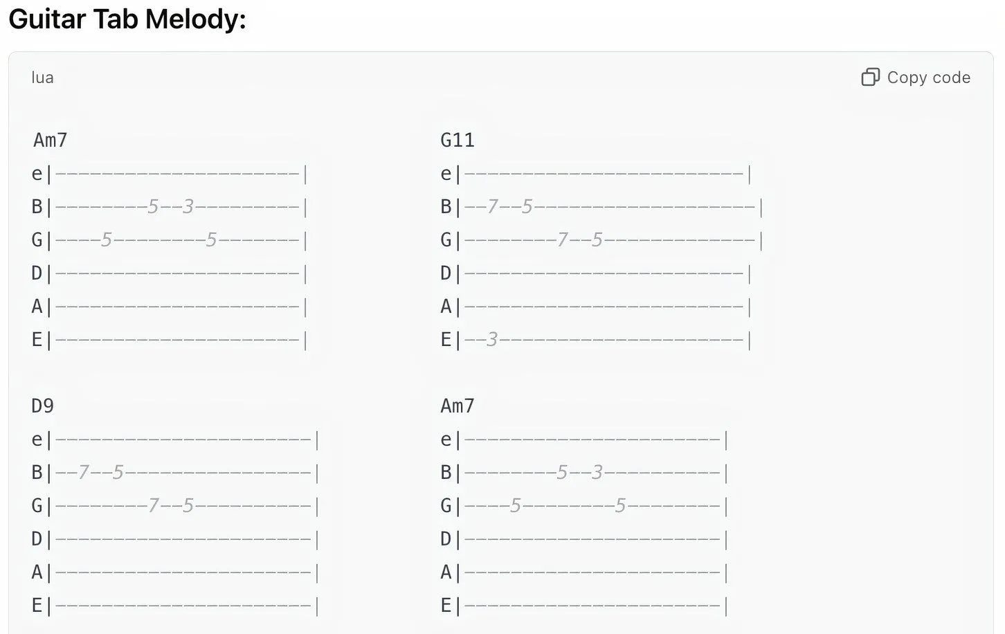 ChatGPT tạo giai điệu guitar tablature cho các hợp âm được chỉ định.