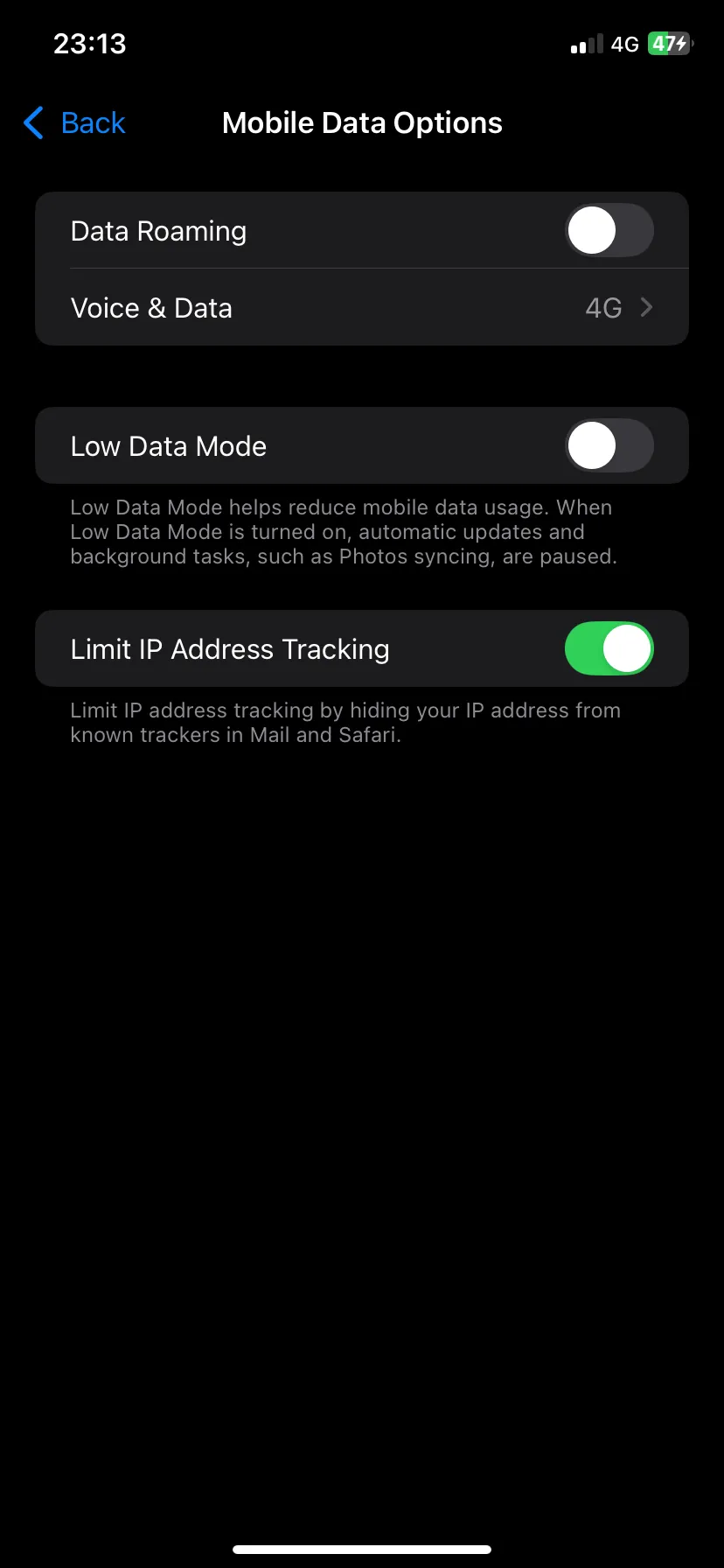 Chế độ dữ liệu thấp trên tùy chọn di động của iOS