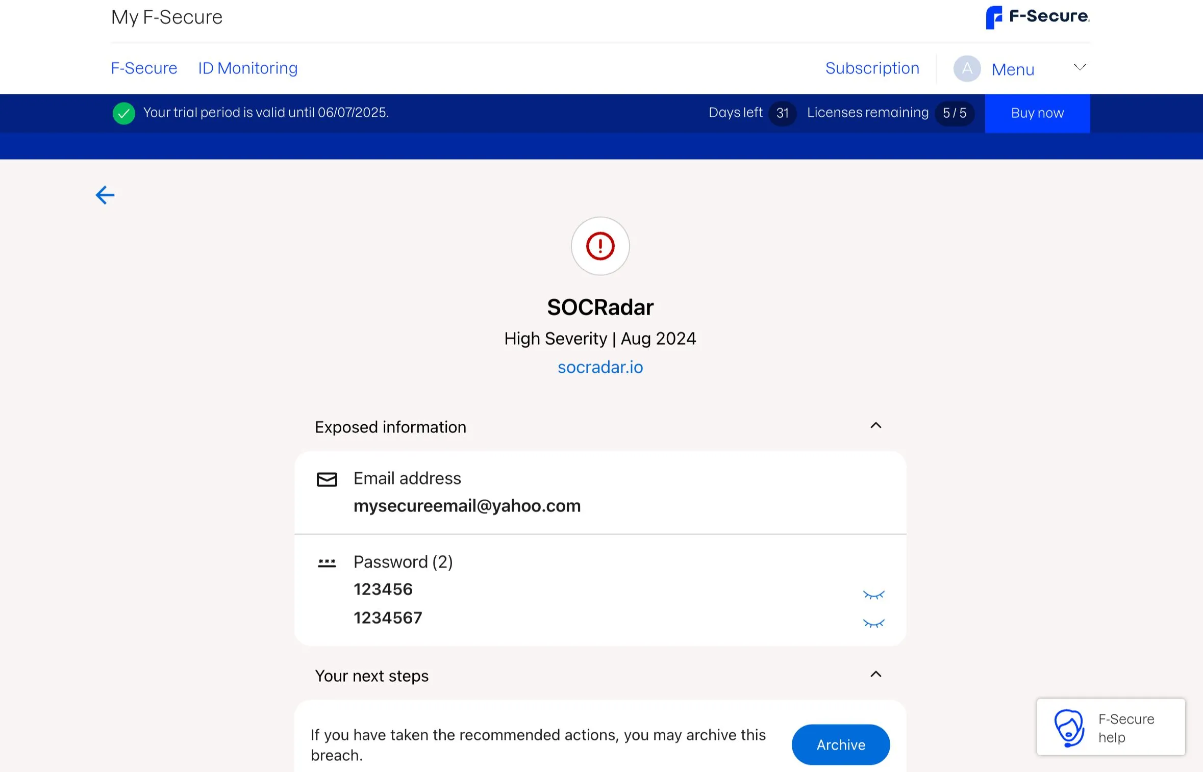 Chi tiết một vụ rò rỉ dữ liệu trong F-Secure ID Protection, hiển thị thông tin bị lộ, mức độ nghiêm trọng và thời gian phát hiện sự cố.