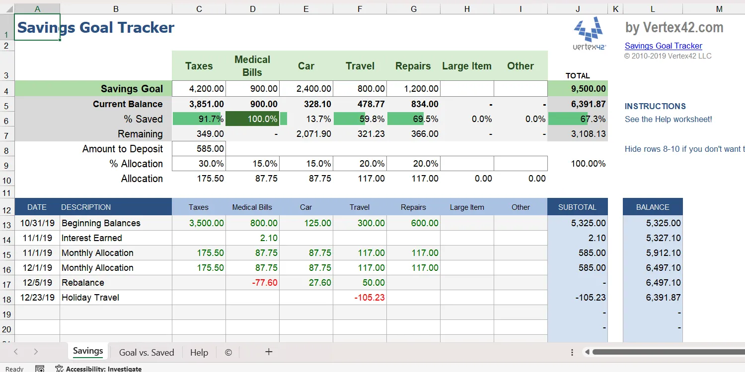 Công cụ theo dõi mục tiêu tiết kiệm trong Excel