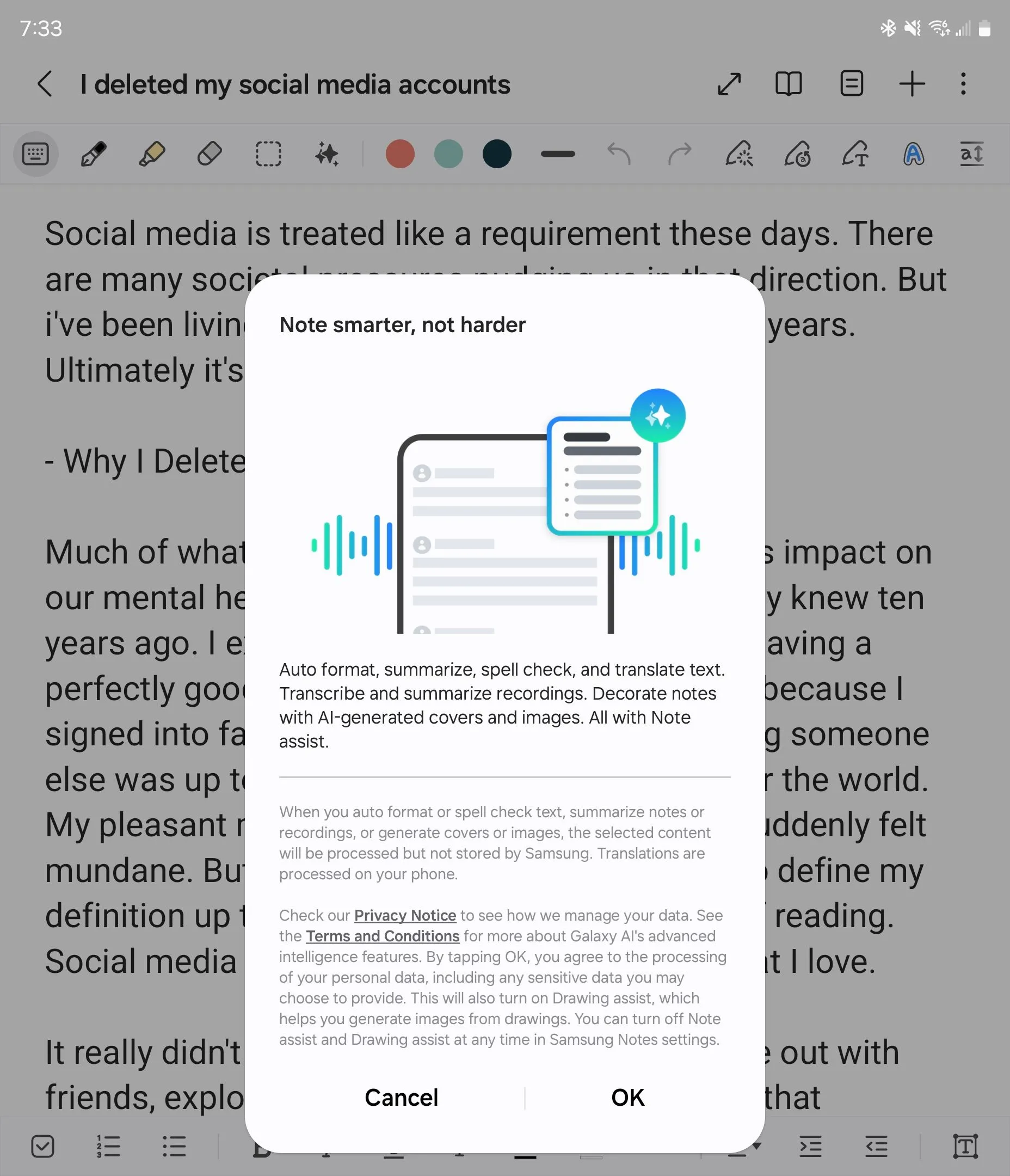 Cửa sổ bật lên giới thiệu Trợ lý Ghi chú (Note Assist) trong ứng dụng Samsung Notes