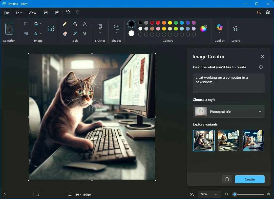 Cửa sổ Image Creator trong Microsoft Paint, hiển thị tùy chọn tạo hình ảnh từ văn bản mô tả.