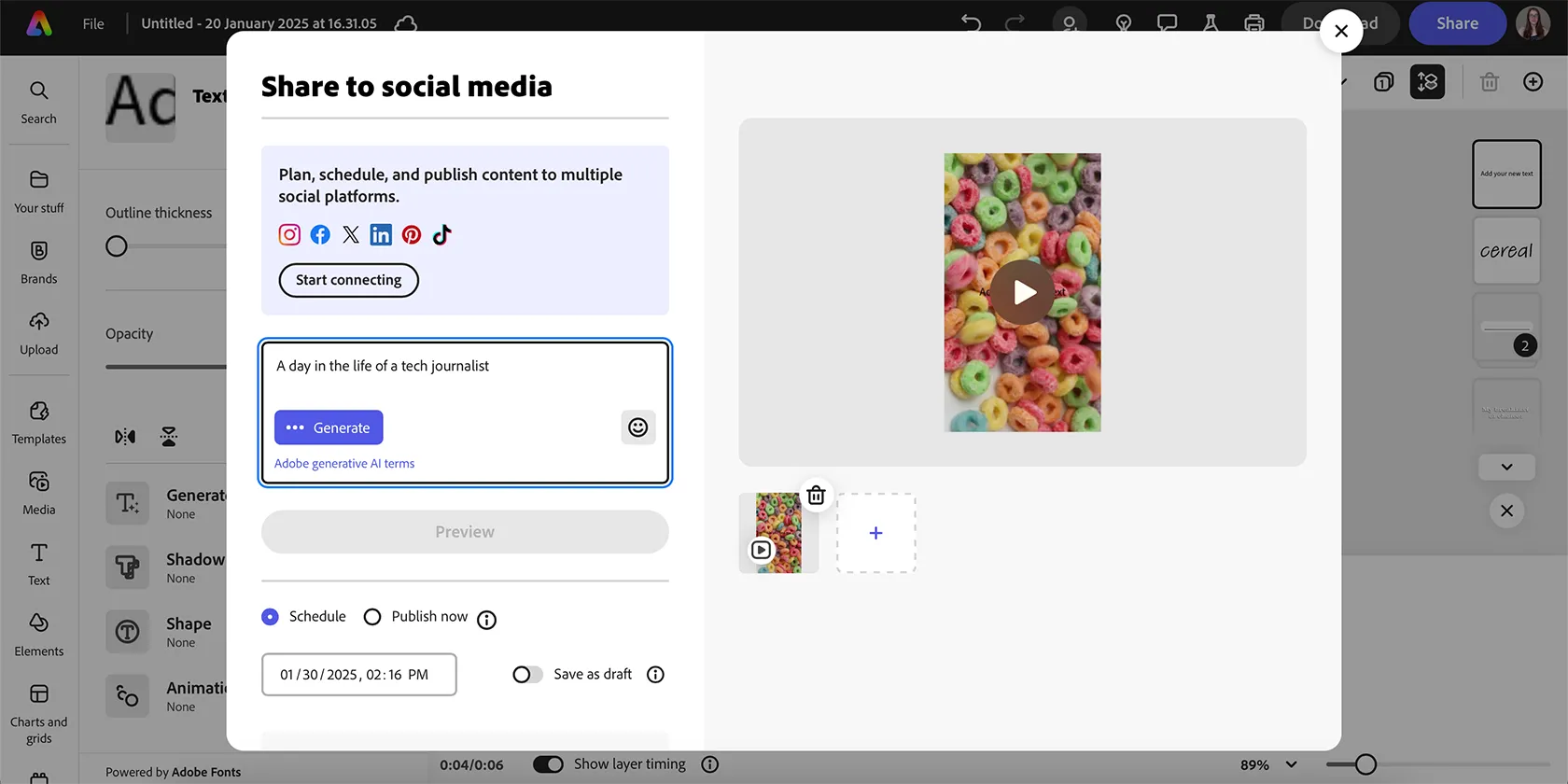Cửa sổ pop-up chia sẻ nội dung từ Adobe Express lên các nền tảng mạng xã hội như Instagram và Facebook.
