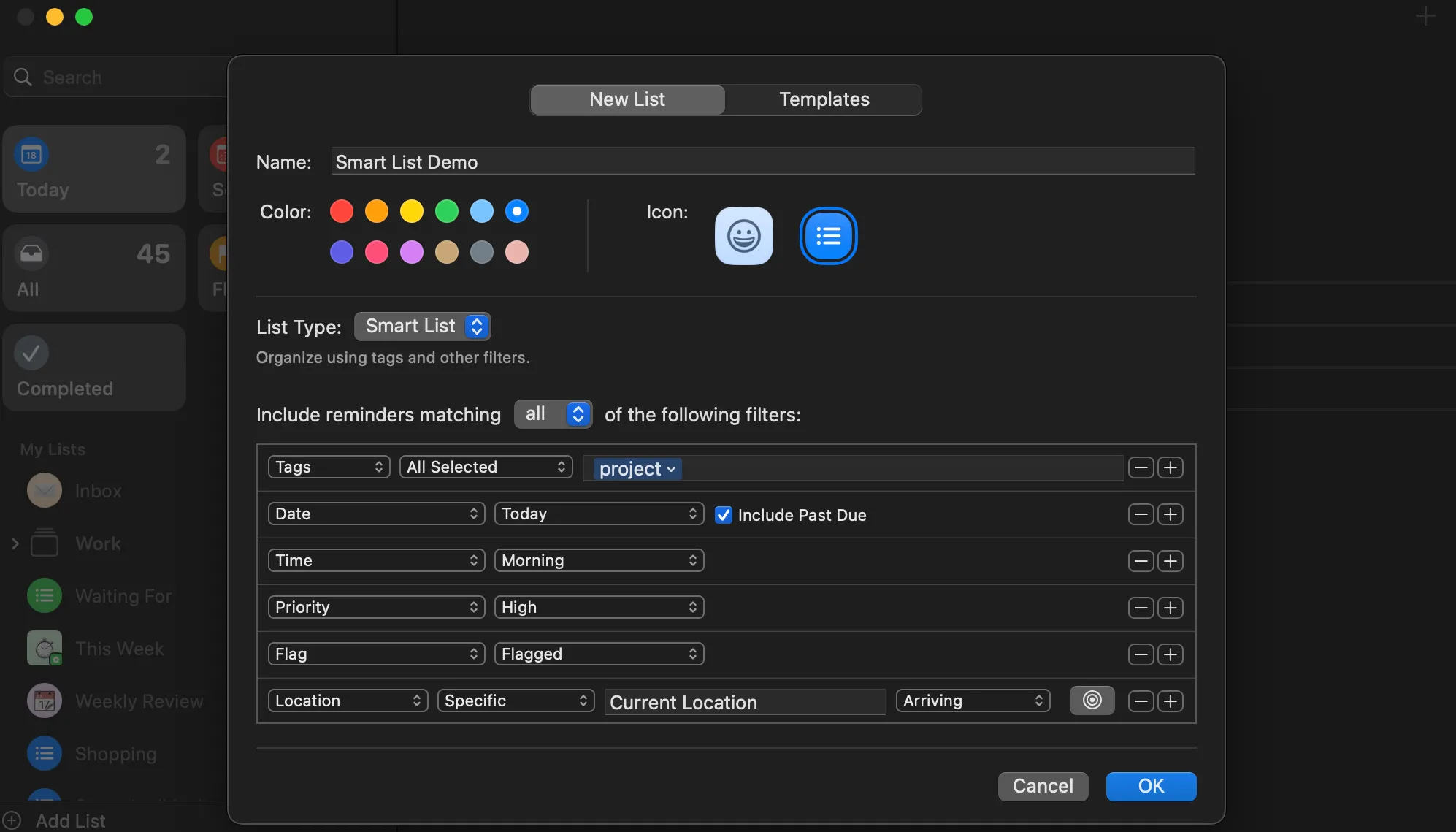 Cửa sổ Smart List trong Lời nhắc hiển thị các bộ lọc để sắp xếp tác vụ
