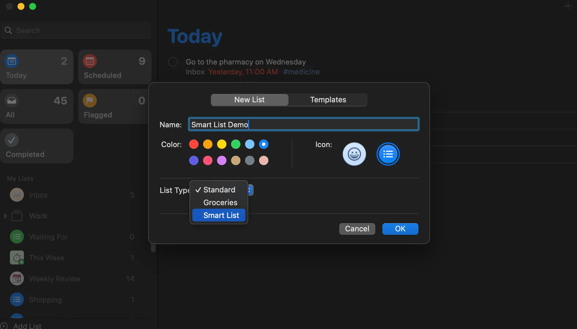 Cửa sổ tạo Smart List trong ứng dụng Lời nhắc