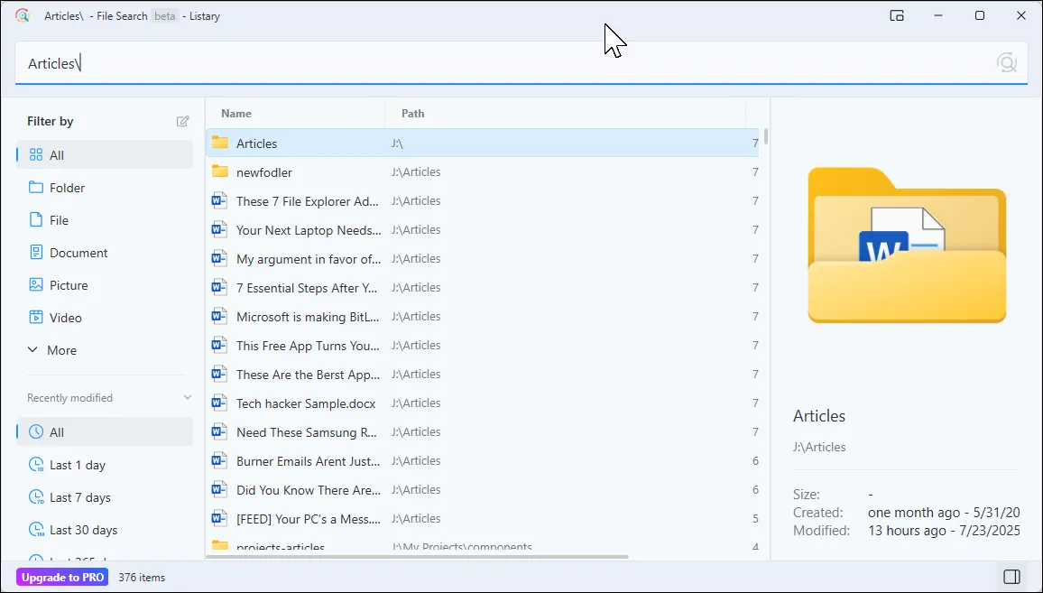 Cửa sổ tìm kiếm file của Listary hiển thị chi tiết file, ngày tạo và sửa đổi, cùng với các tùy chọn lọc hiệu quả.