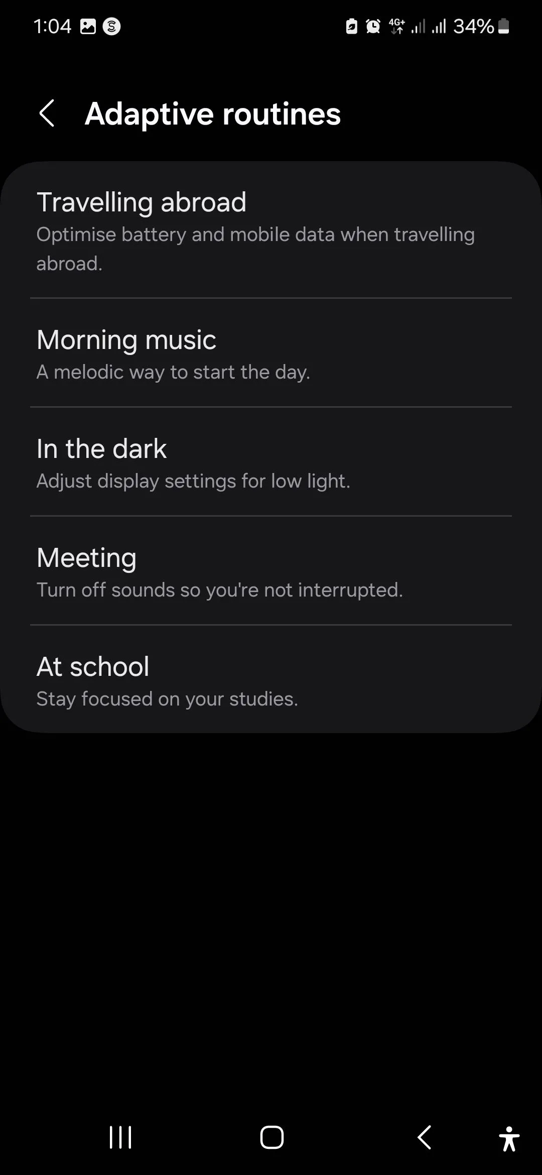 Danh sách các Quy trình thích ứng (Adaptive routines) có sẵn trong ứng dụng Chế độ và Quy trình của Samsung.