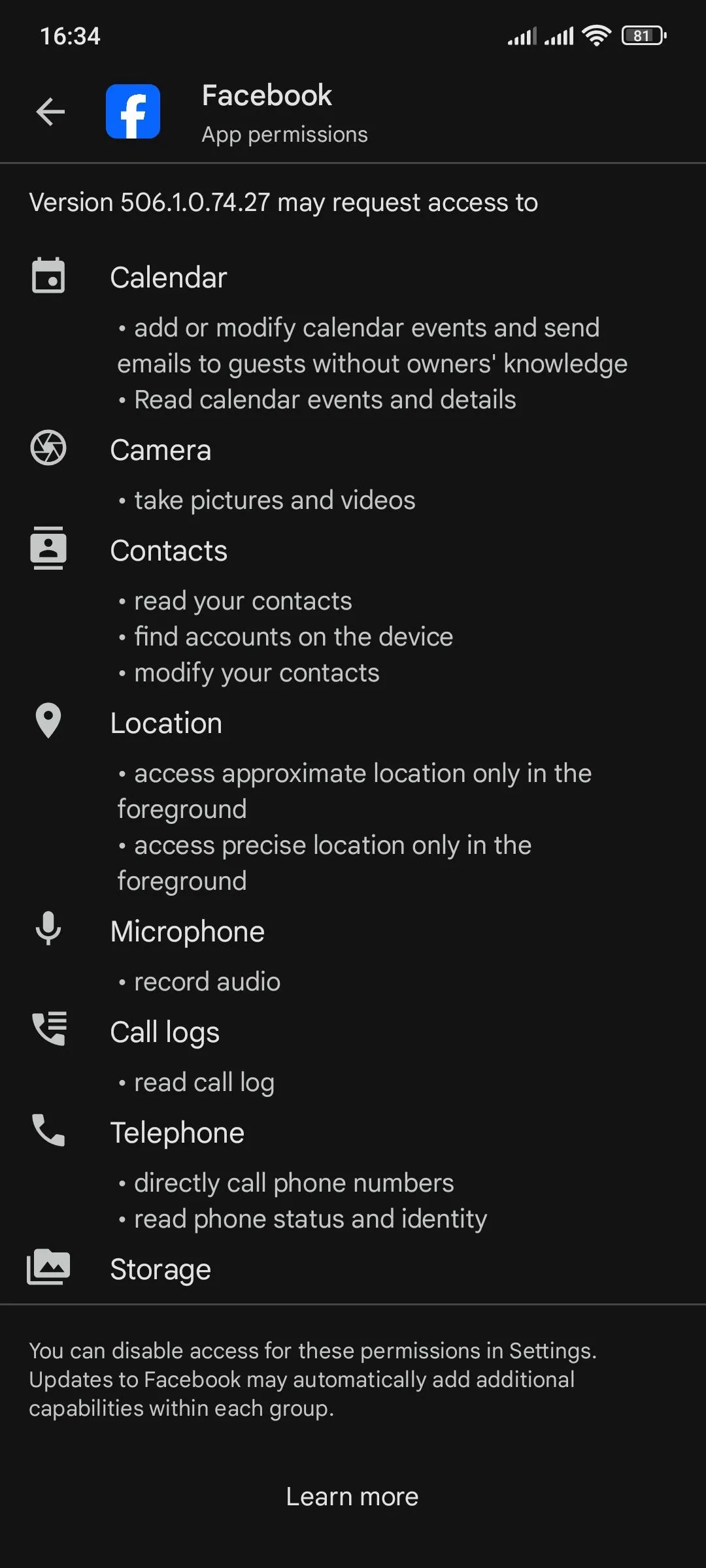 Danh sách các quyền truy cập ứng dụng mà Facebook yêu cầu trên Google Play Store, minh họa cách kiểm tra quyền trước khi cài đặt.
