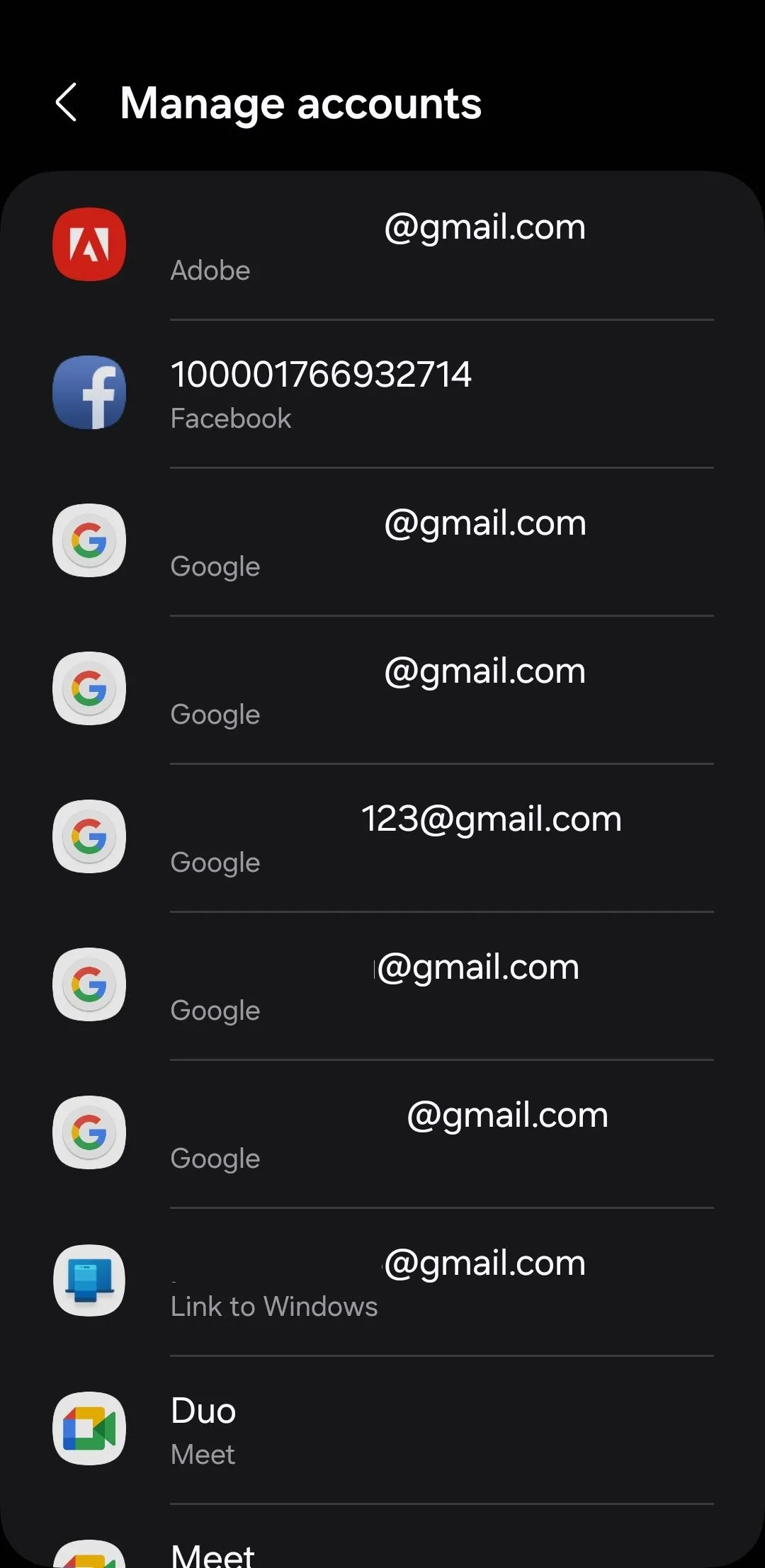 Danh sách các tài khoản đã thêm trên điện thoại Android, nơi quản lý tùy chọn đồng bộ hóa