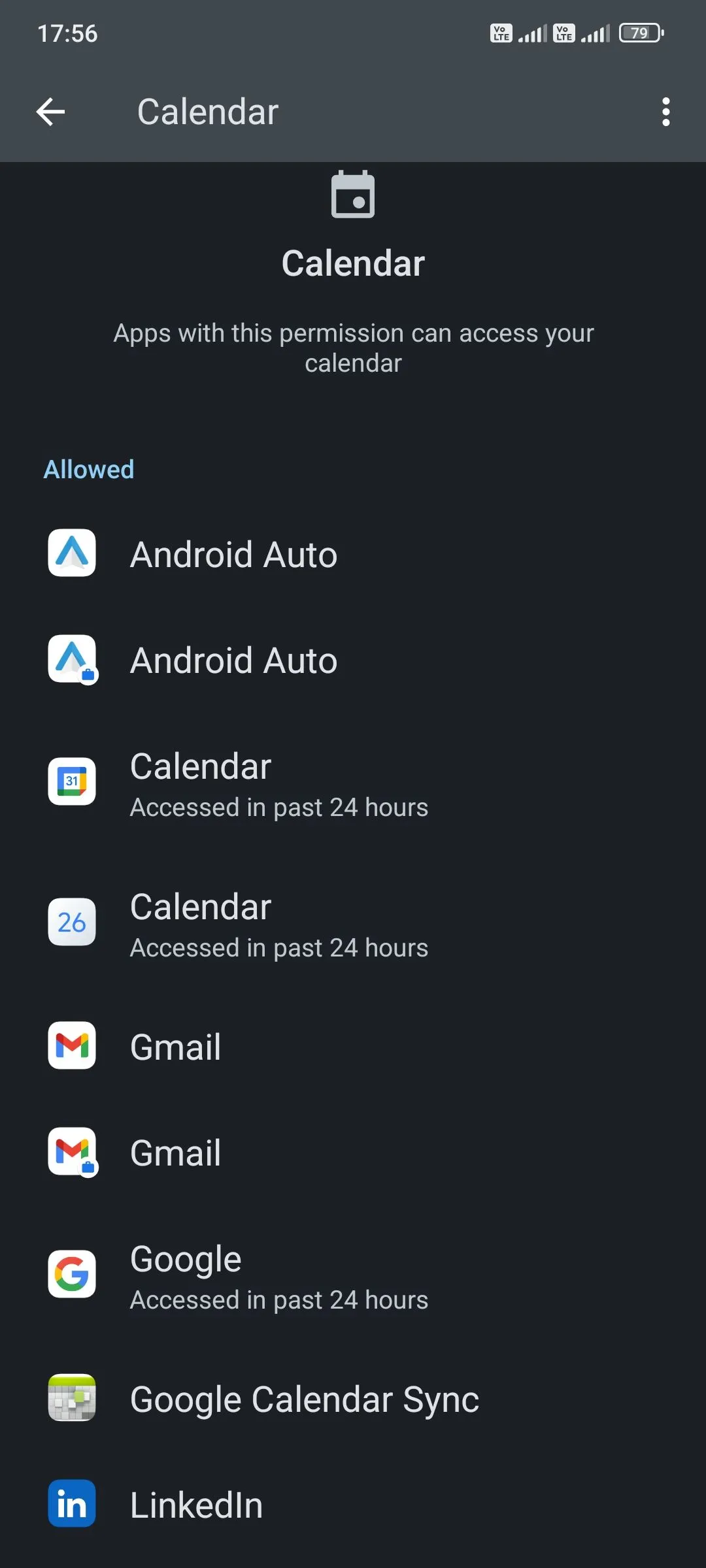 Danh sách các ứng dụng được cấp quyền truy cập Lịch trên điện thoại Android, minh họa cách quản lý và thu hồi quyền truy cập.