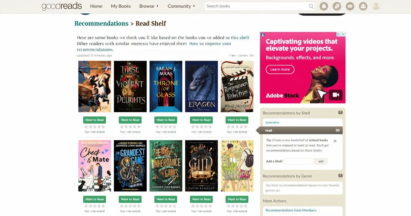Danh sách đề xuất sách trên Goodreads với nhiều lựa chọn khác nhau, cho thấy sự đa dạng nhưng cũng gây khó khăn cho người đọc.