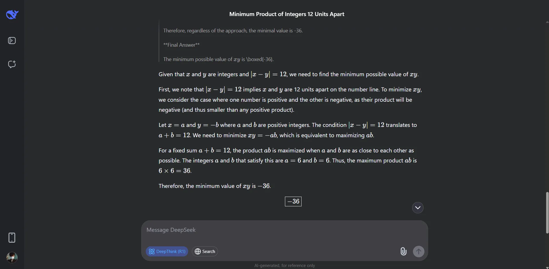 DeepSeek AI giải quyết một bài toán phức tạp trên giao diện trò chuyện.