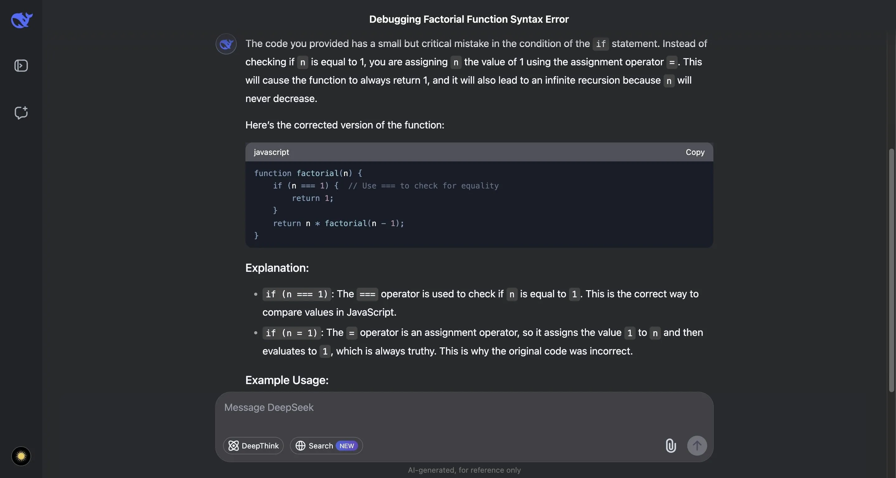 DeepSeek AI gỡ lỗi mã JavaScript với giải thích chi tiết