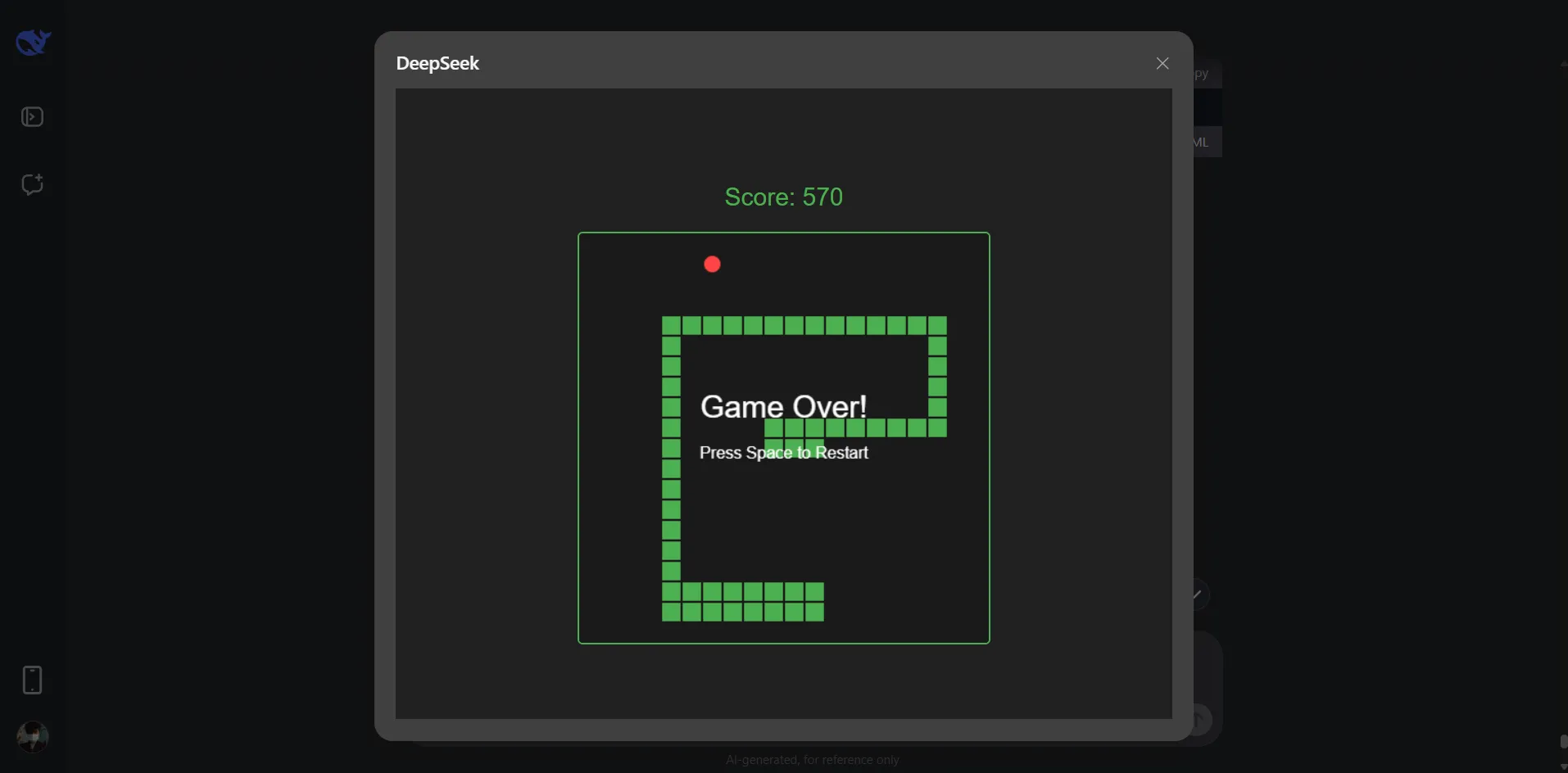 DeepSeek AI hiển thị mã nguồn để tạo game Rắn bằng HTML, CSS, JavaScript.