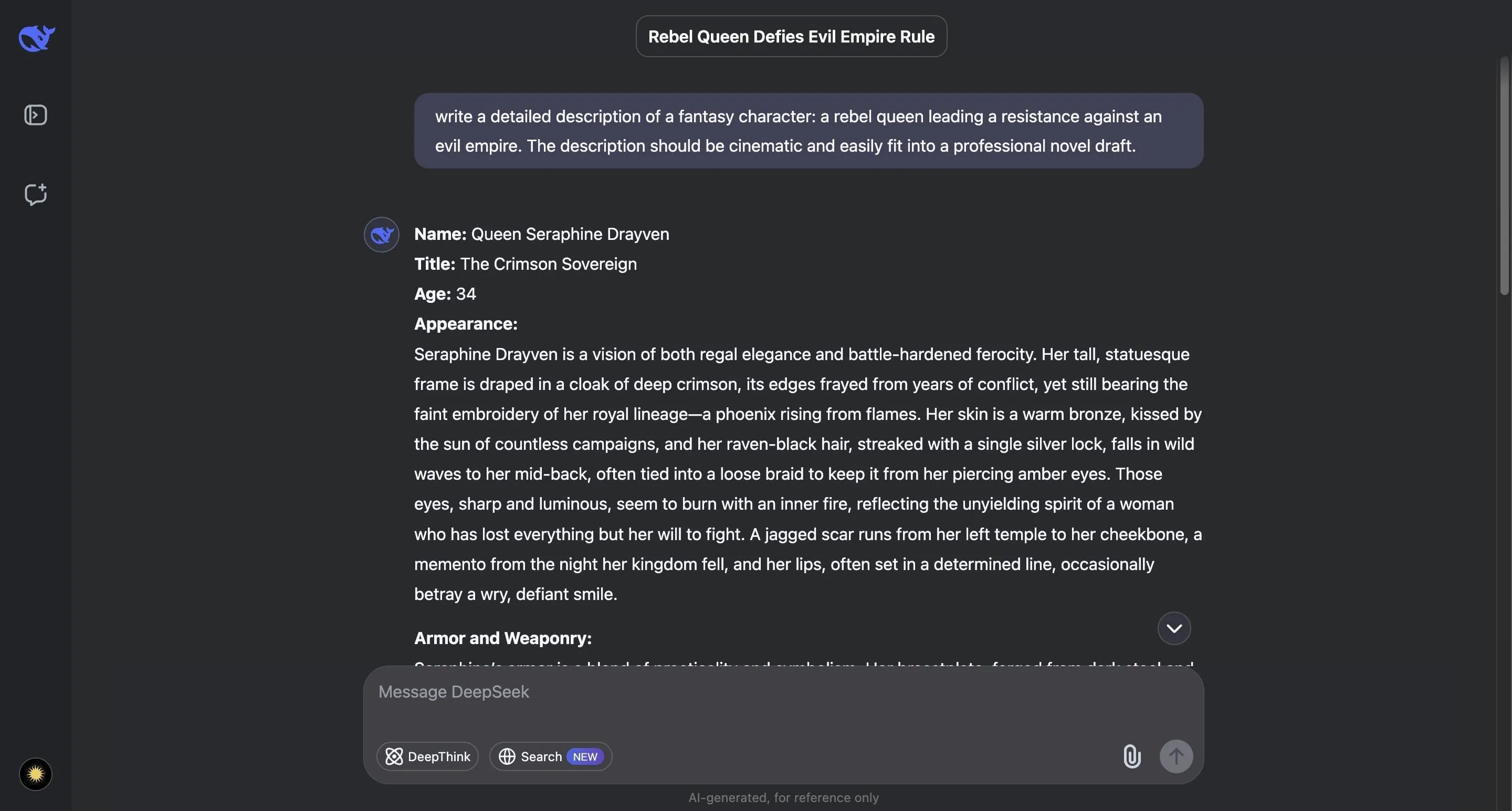DeepSeek AI viết mô tả nhân vật giả tưởng ấn tượng