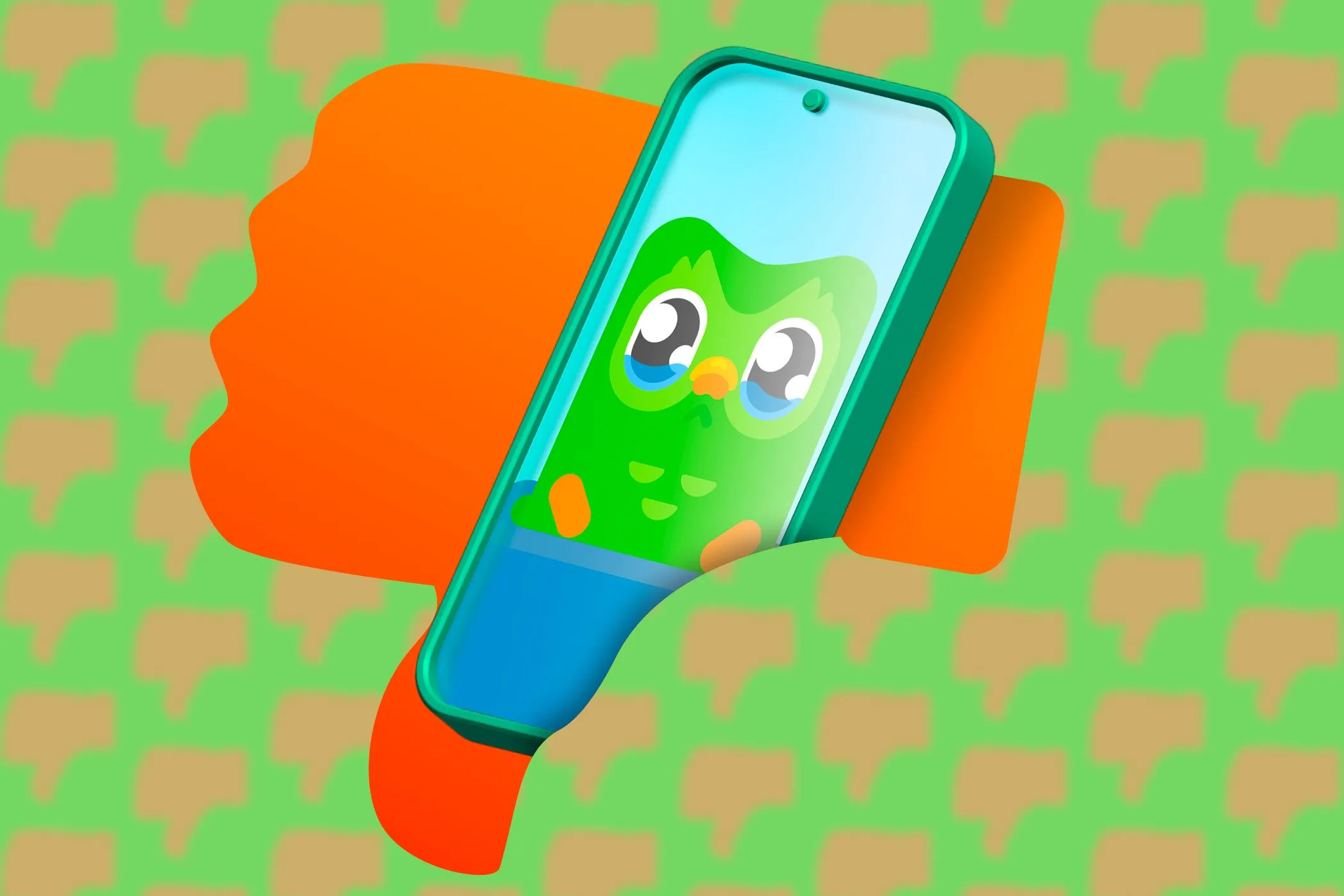 Điện thoại hiển thị biểu tượng Duolingo với ngón tay cái hướng xuống, minh họa việc ứng dụng học ngôn ngữ này thu thập lượng lớn dữ liệu cá nhân.