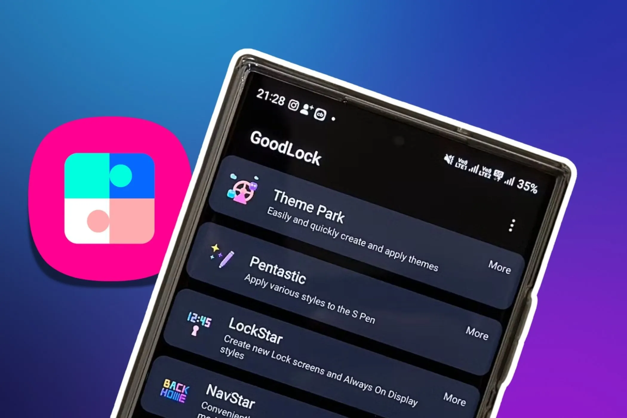 Điện thoại Samsung hiển thị giao diện ứng dụng Good Lock với biểu tượng Good Lock rõ nét ở góc trái màn hình, minh họa tính năng tùy biến trên One UI 7.