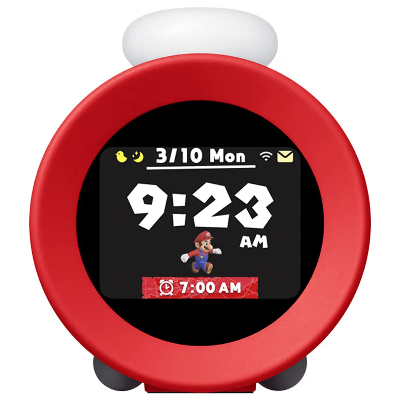 Đồng hồ báo thức Nintendo Alarmo màu trắng trên nền đơn sắc, hiển thị màn hình LCD 2.8 inch.