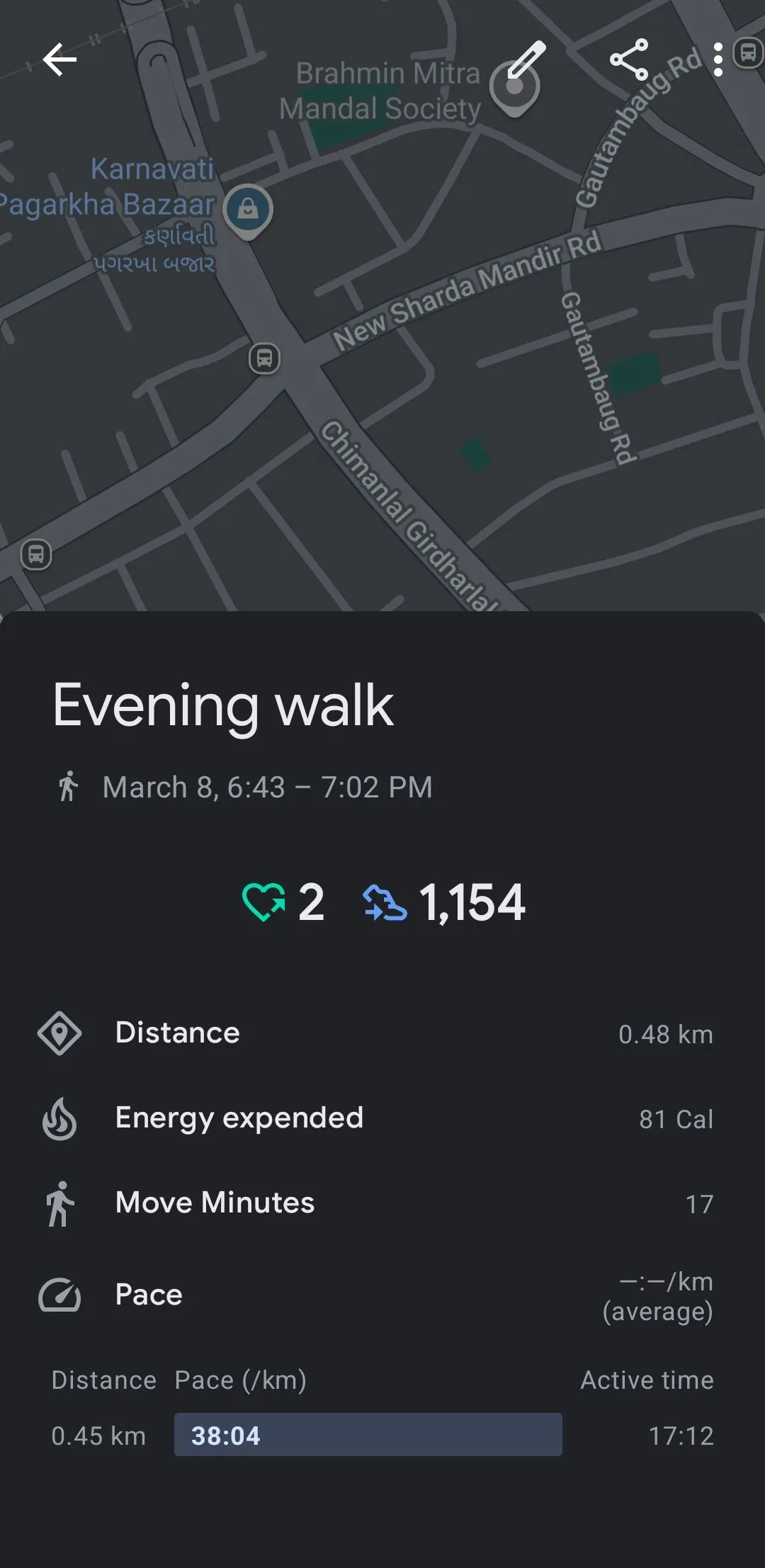 Dữ liệu hoạt động đi bộ được Google Fit ghi lại trên điện thoại Android