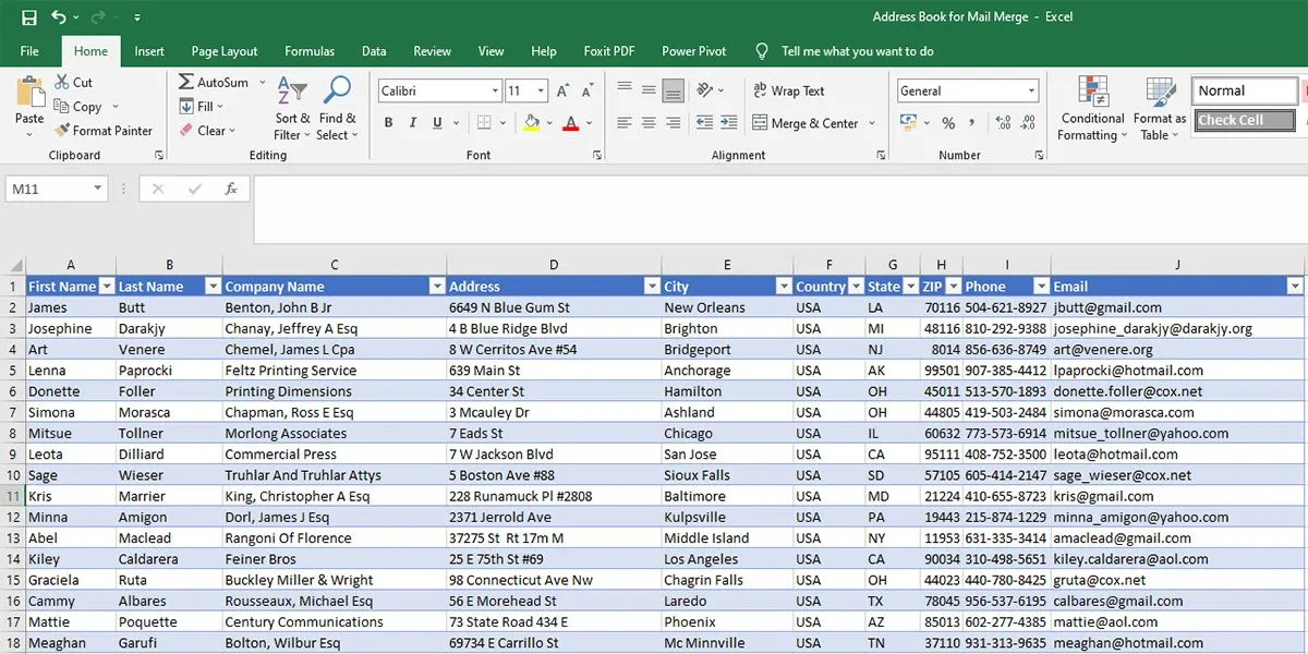 Dữ liệu nguồn từ Excel được sử dụng cho tính năng Mail Merge trong Microsoft Word để gửi email hàng loạt cá nhân hóa