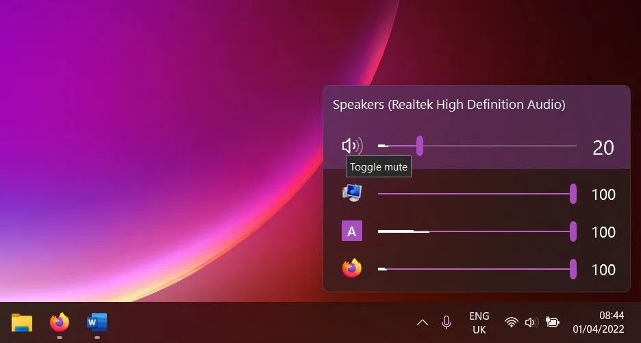 EarTrumpet hiển thị bộ trộn âm lượng ứng dụng trên Windows 11