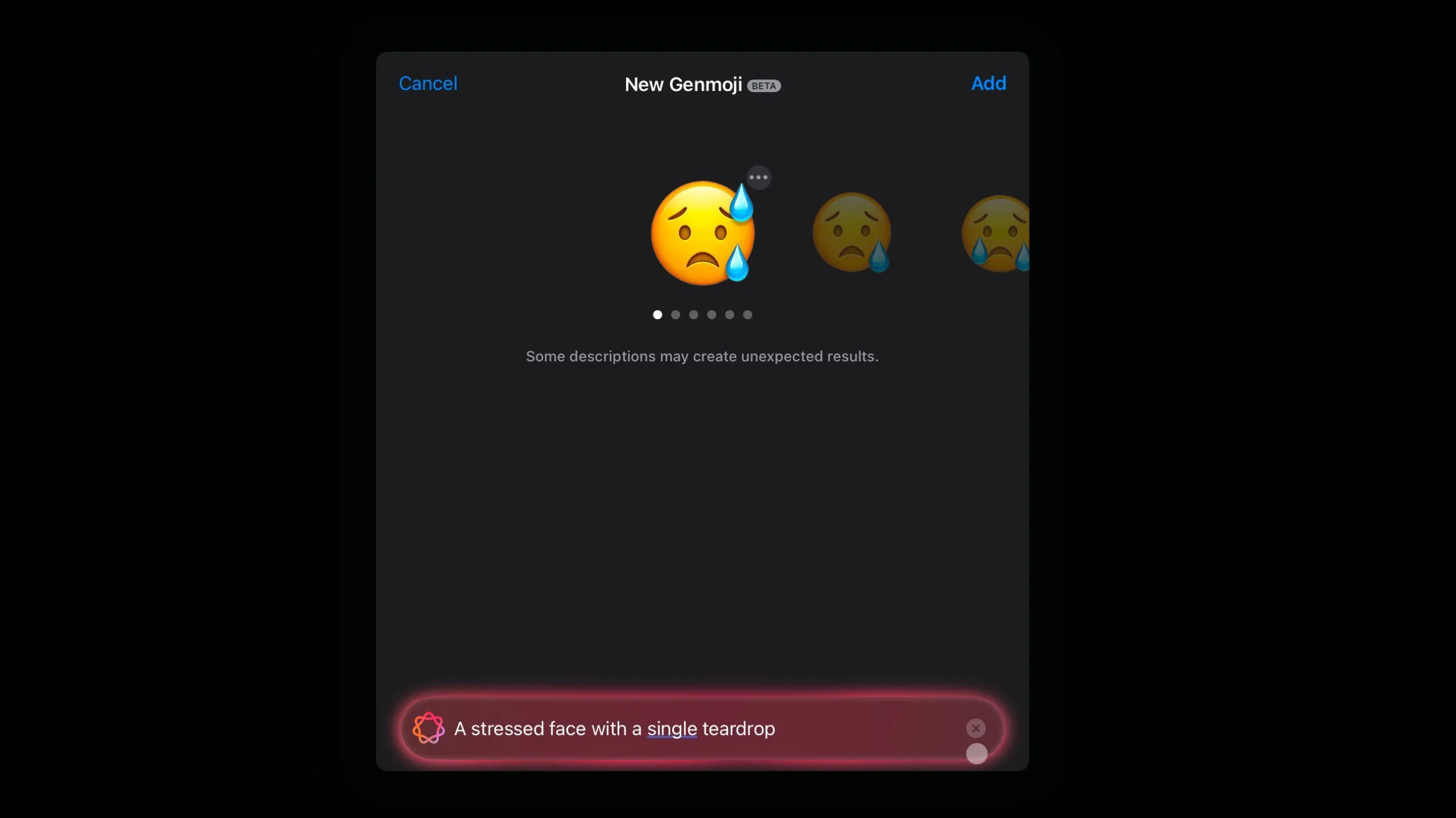 Emoji Genmoji khuôn mặt căng thẳng với hai giọt nước mắt, dù yêu cầu chỉ một, cho thấy sự thiếu chính xác của AI.