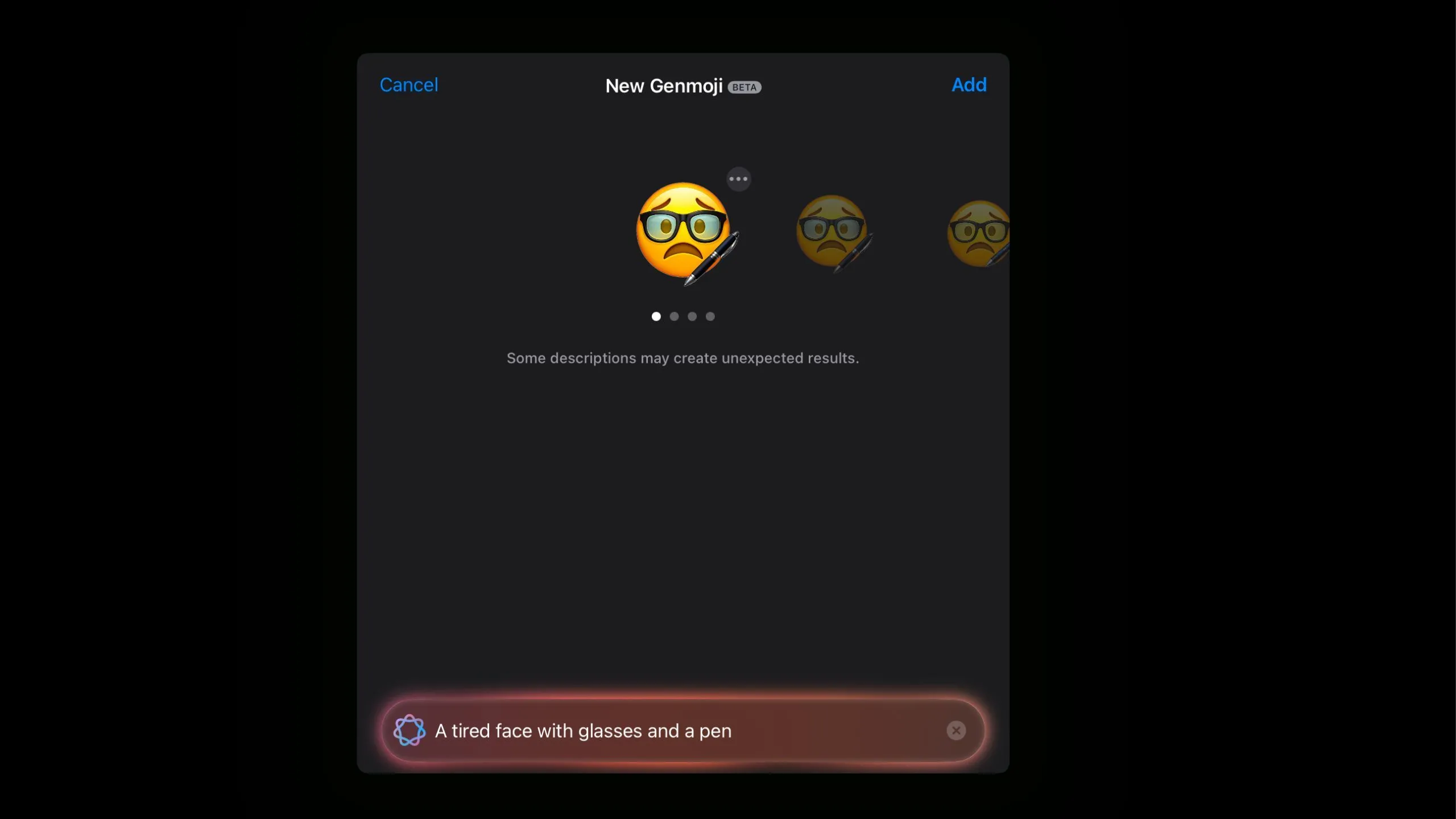 Emoji Genmoji khuôn mặt mệt mỏi đeo kính và cầm bút, có phong cách hình ảnh khác lạ so với emoji iOS.
