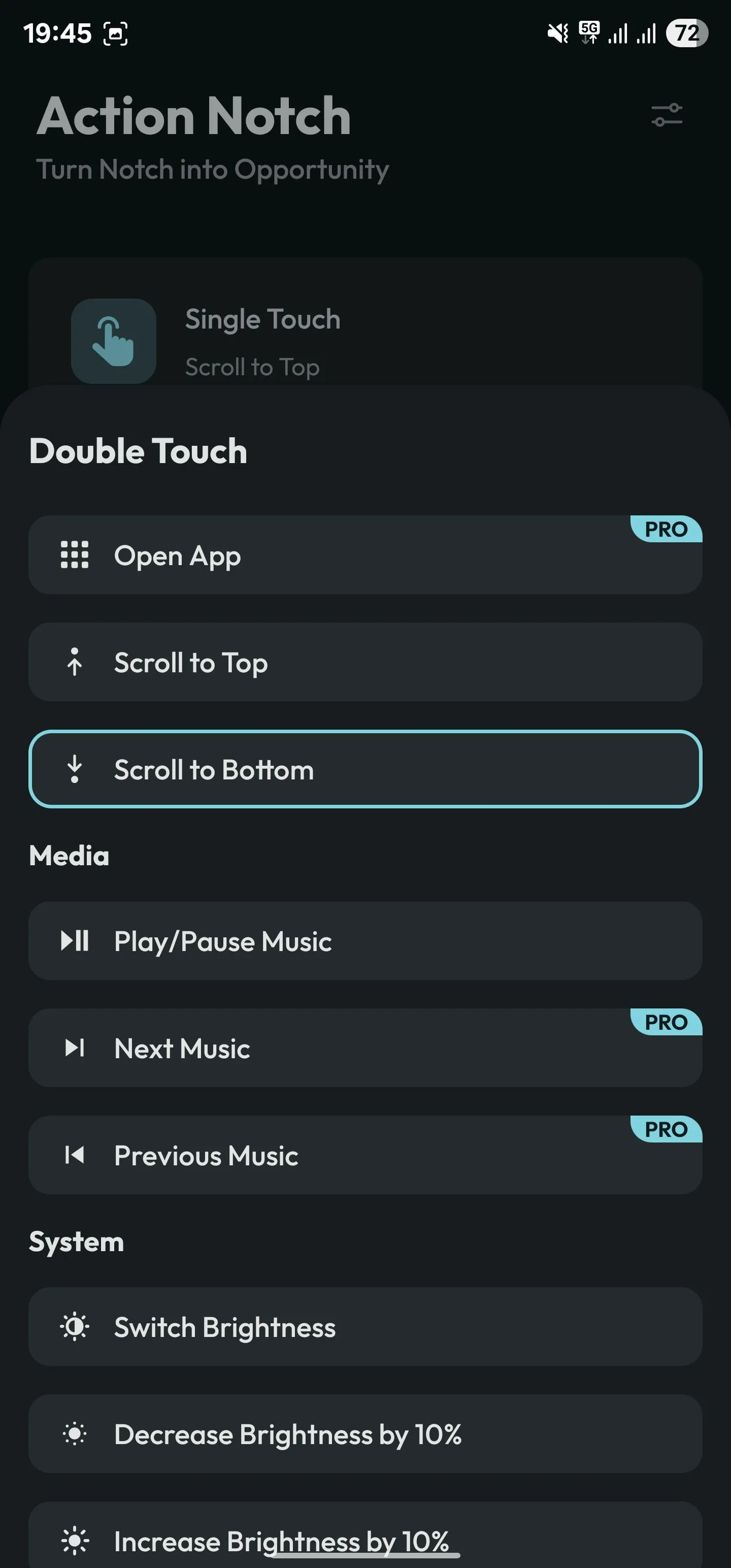Gán cử chỉ Hai chạm (Double Touch) cho tác vụ Cuộn xuống cuối trang (Scroll to Bottom) trong Action Notch.
