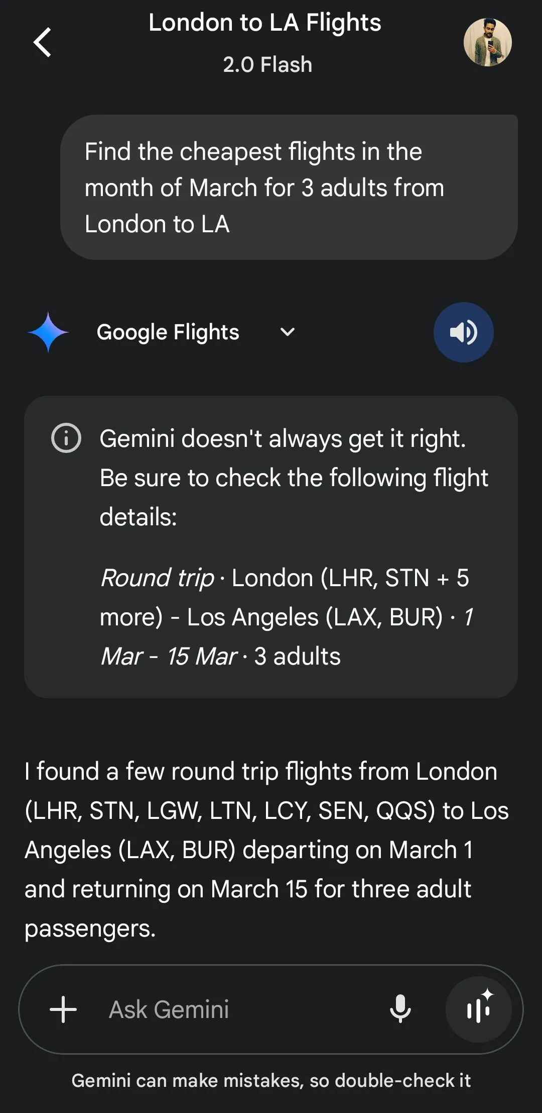 Gemini hiển thị thông tin chuyến bay từ tiện ích Google Flights