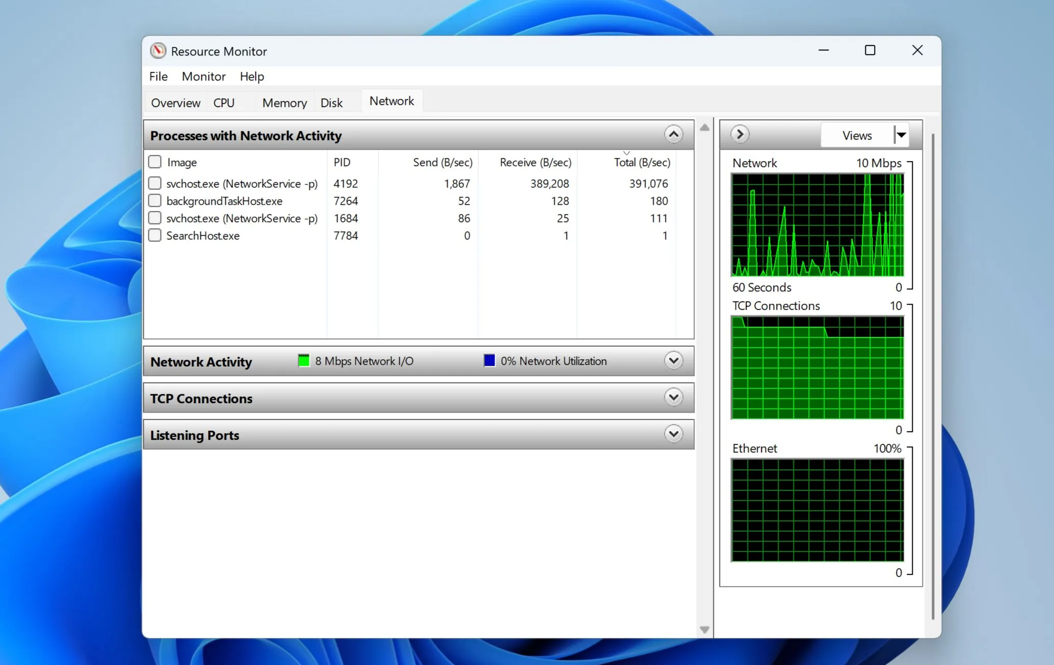 Giám sát Tài nguyên (Resource Monitor) trên Windows 11 hiển thị mức sử dụng mạng theo thời gian thực cho các tiến trình đang chạy.