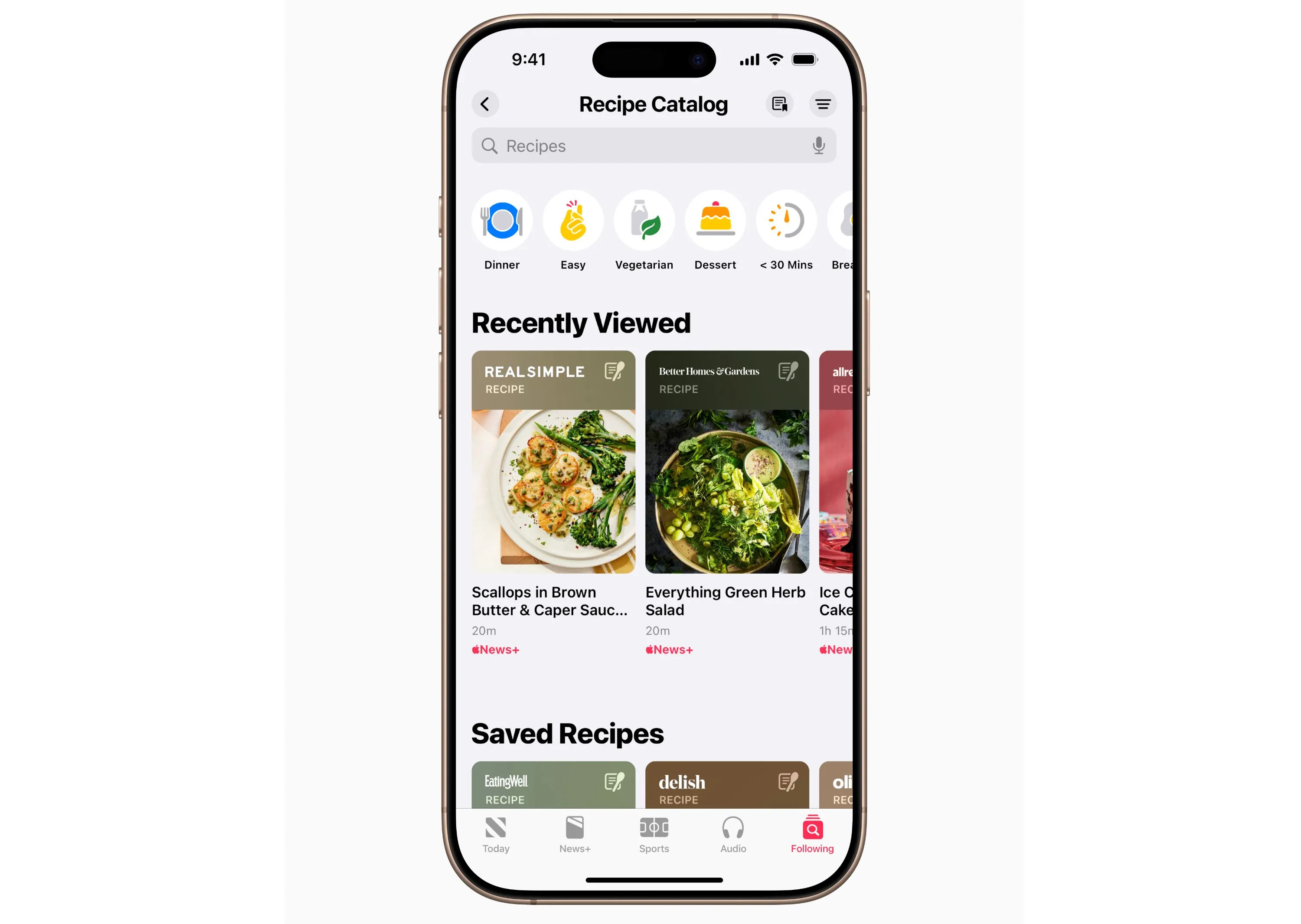 Giao diện Apple News+ Food với danh mục các công thức nấu ăn phong phú
