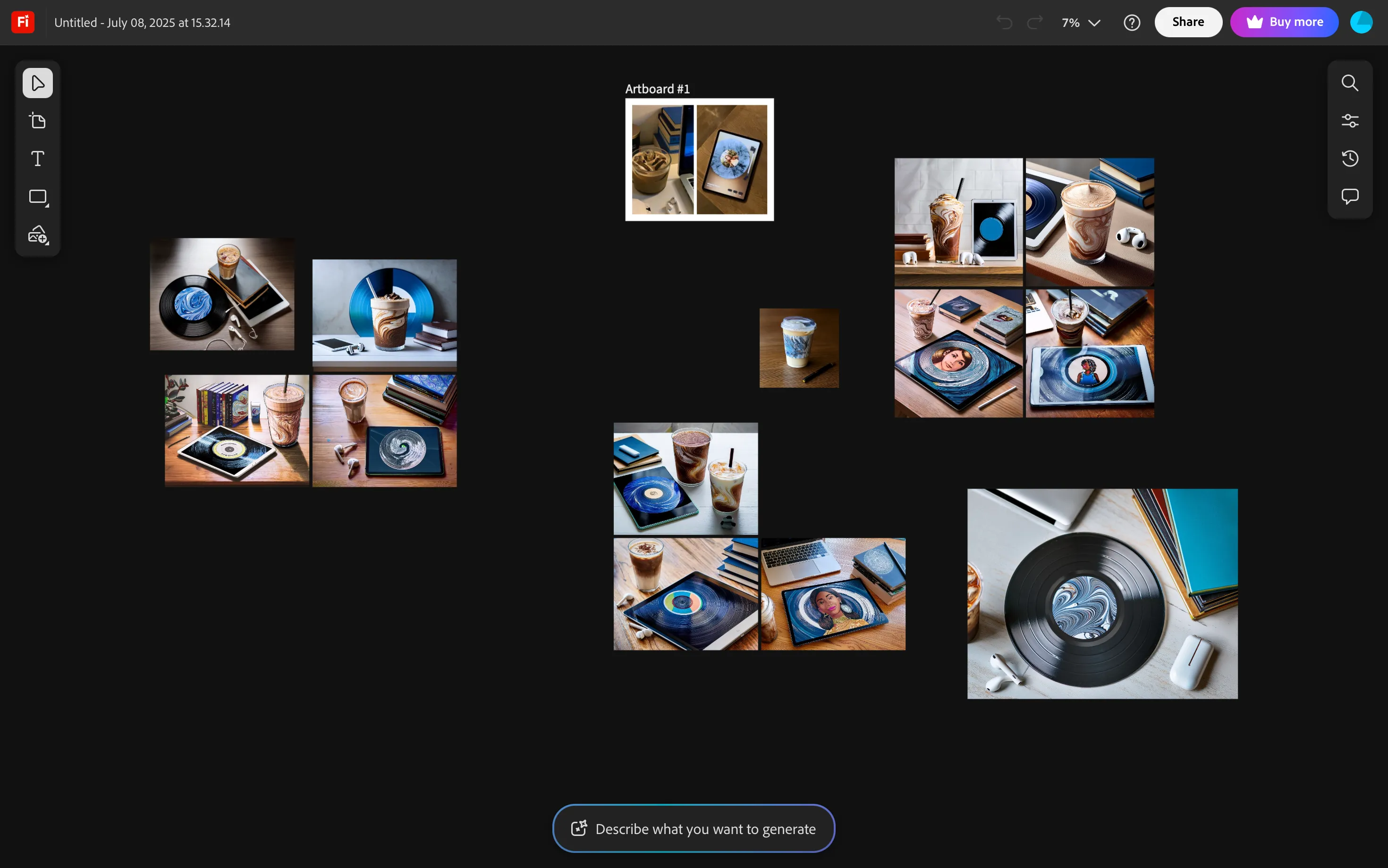 Giao diện bảng điều khiển Adobe Firefly Boards đang mở trên trình duyệt web