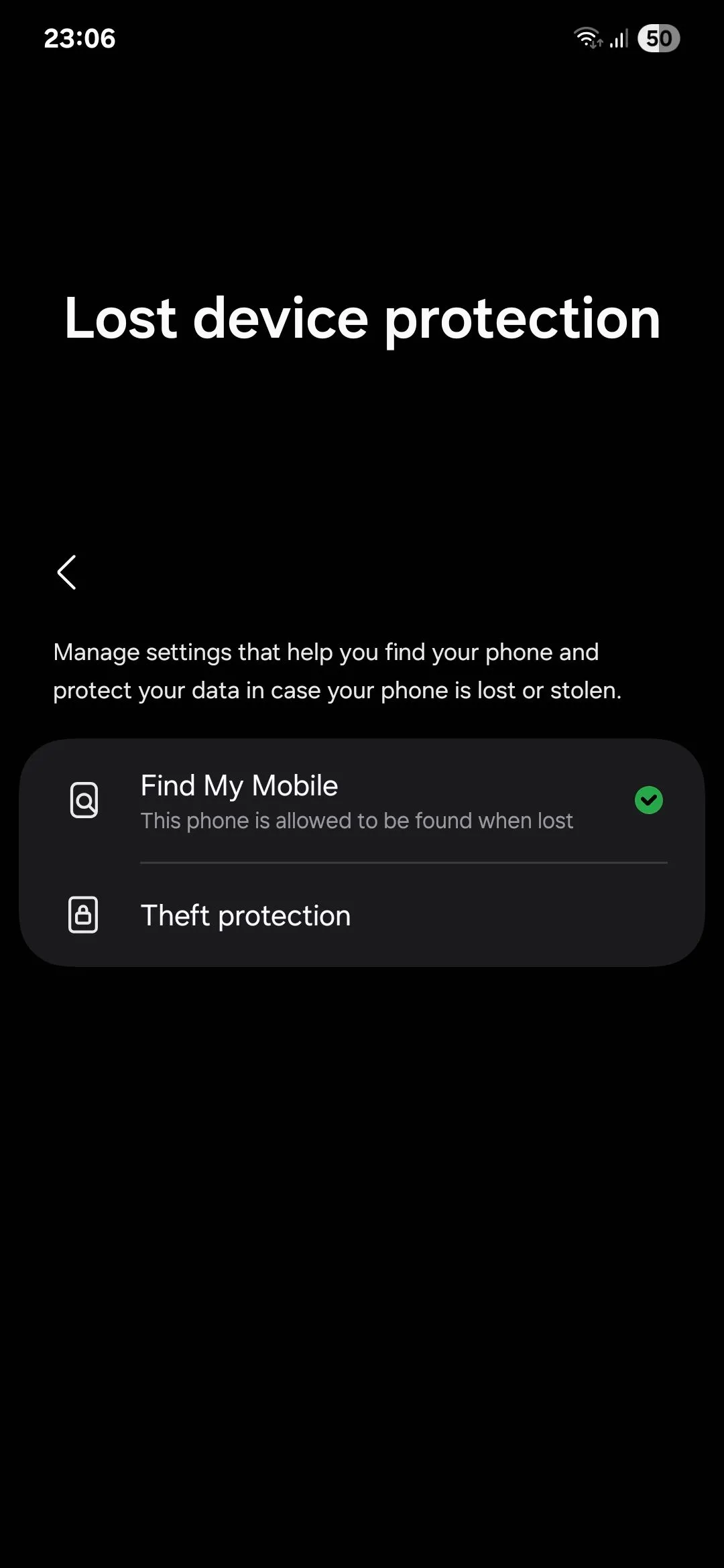 Giao diện cài đặt bảo vệ thiết bị bị mất trên điện thoại Samsung