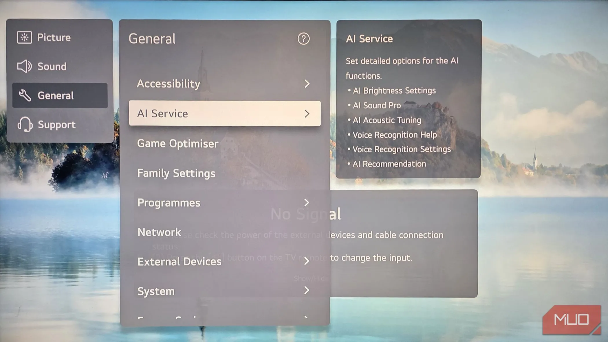 Giao diện cài đặt để vô hiệu hóa Trợ lý giọng nói AI trên TV LG